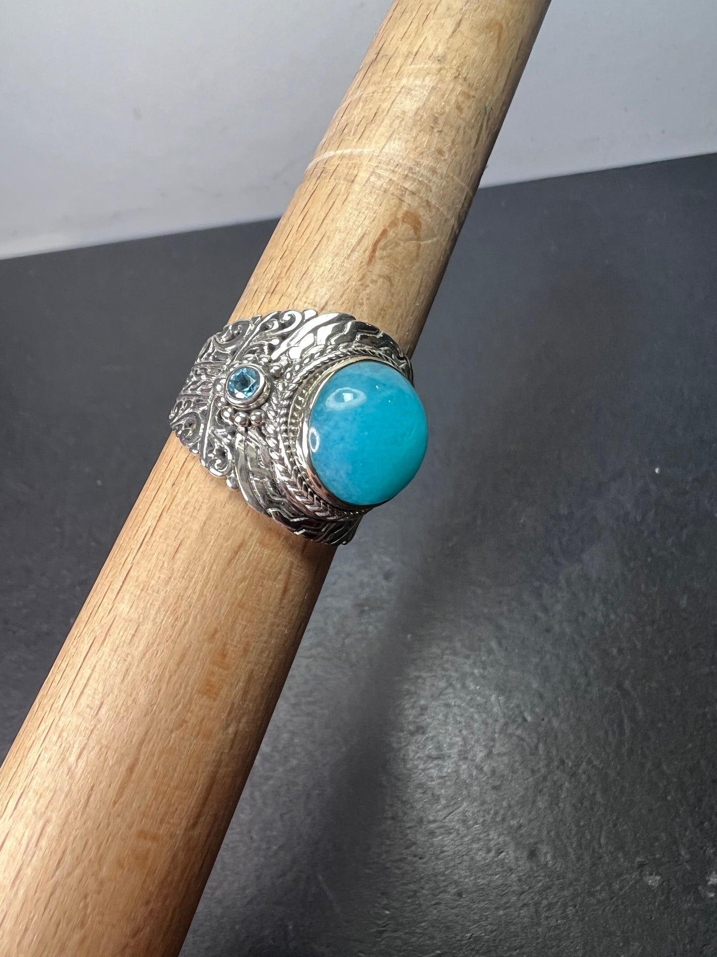 Sarda Peruvian amazonite and London blue topaz sterling silver statement ring size 9