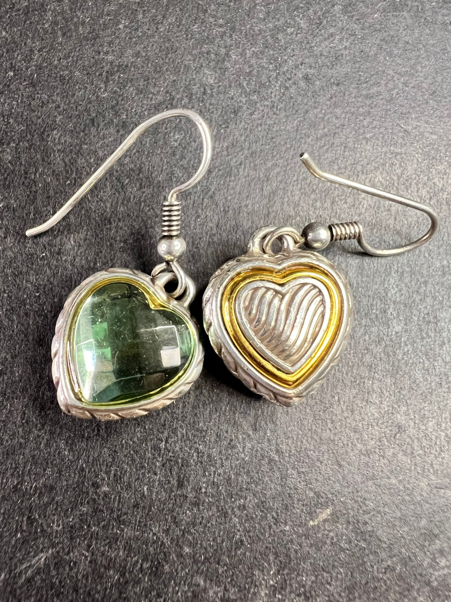 Vintage 90s Sterling Silver Green Glass Heart Earrings Gold Accent 925 Dangle