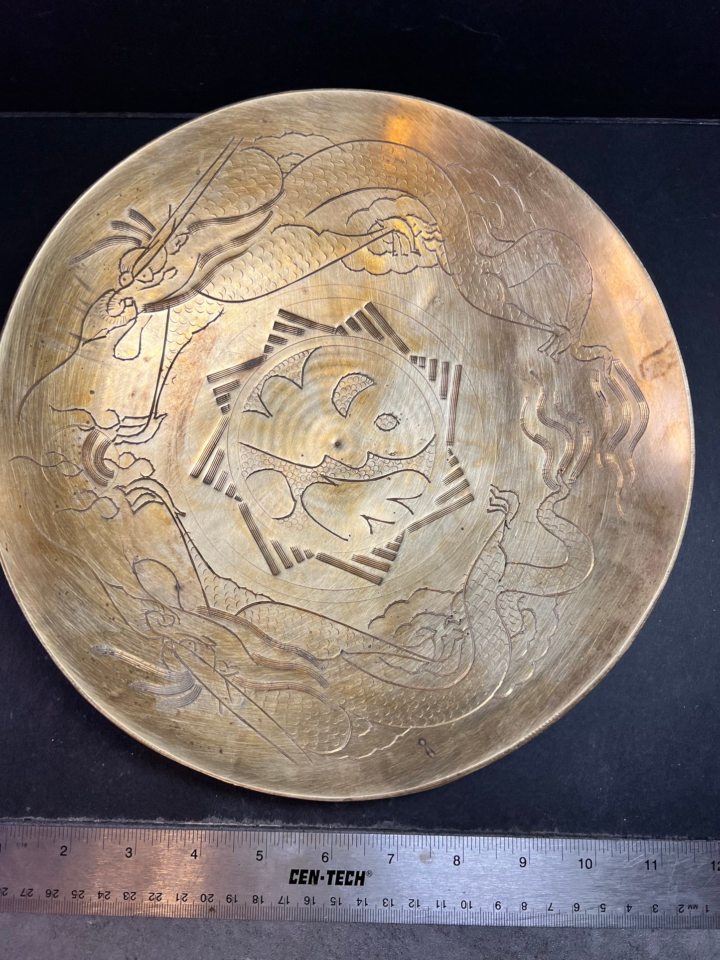 Antique 1920s Chinese Etched Brass Dragon Bowl - 10” Hand Engraved MCM Decor