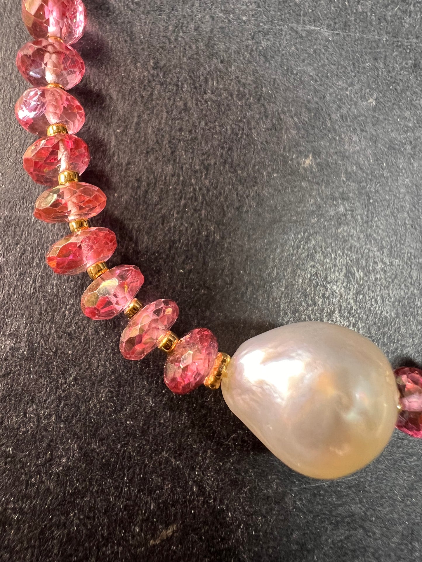 Gold Filled Necklace with Baroque Pearl and Pink Faceted Gemstone Beads