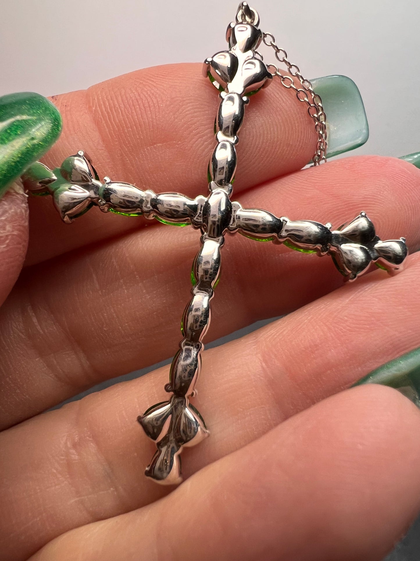 Chrome diopside cross pendant and chain in sterling silver