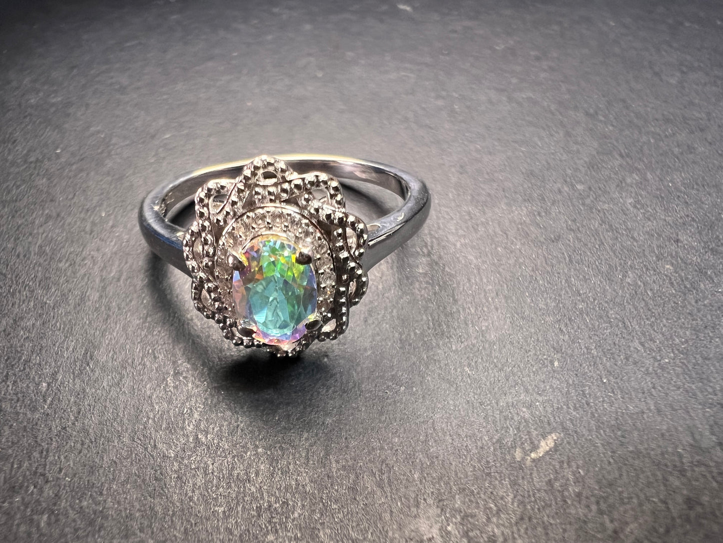 NEW Mercury Mystic topaz and zircon celestial halo ring in rhodium over sterling silver size 10