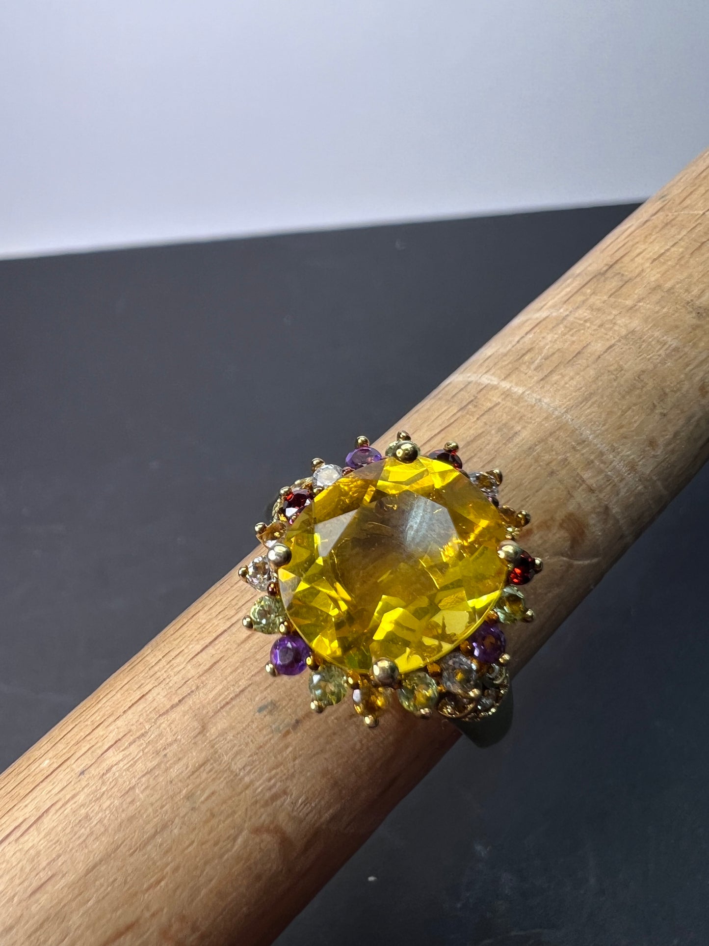 Yellow topaz multi stone gold over sterling silver halo cocktail ring size 8