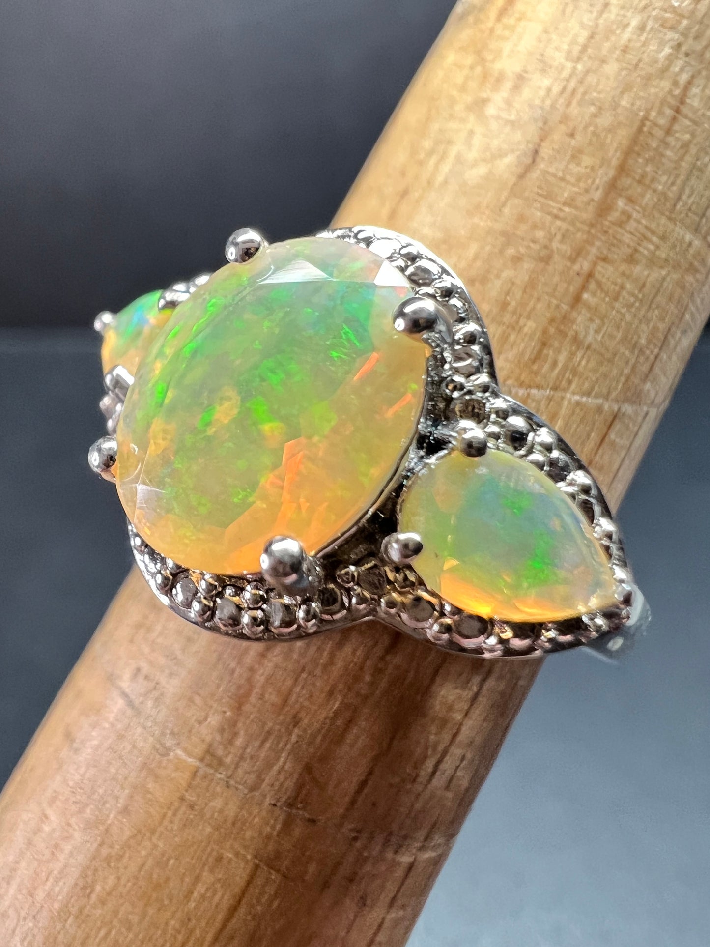 Ethiopian Opal Sterling Silver Halo Ring Size 6