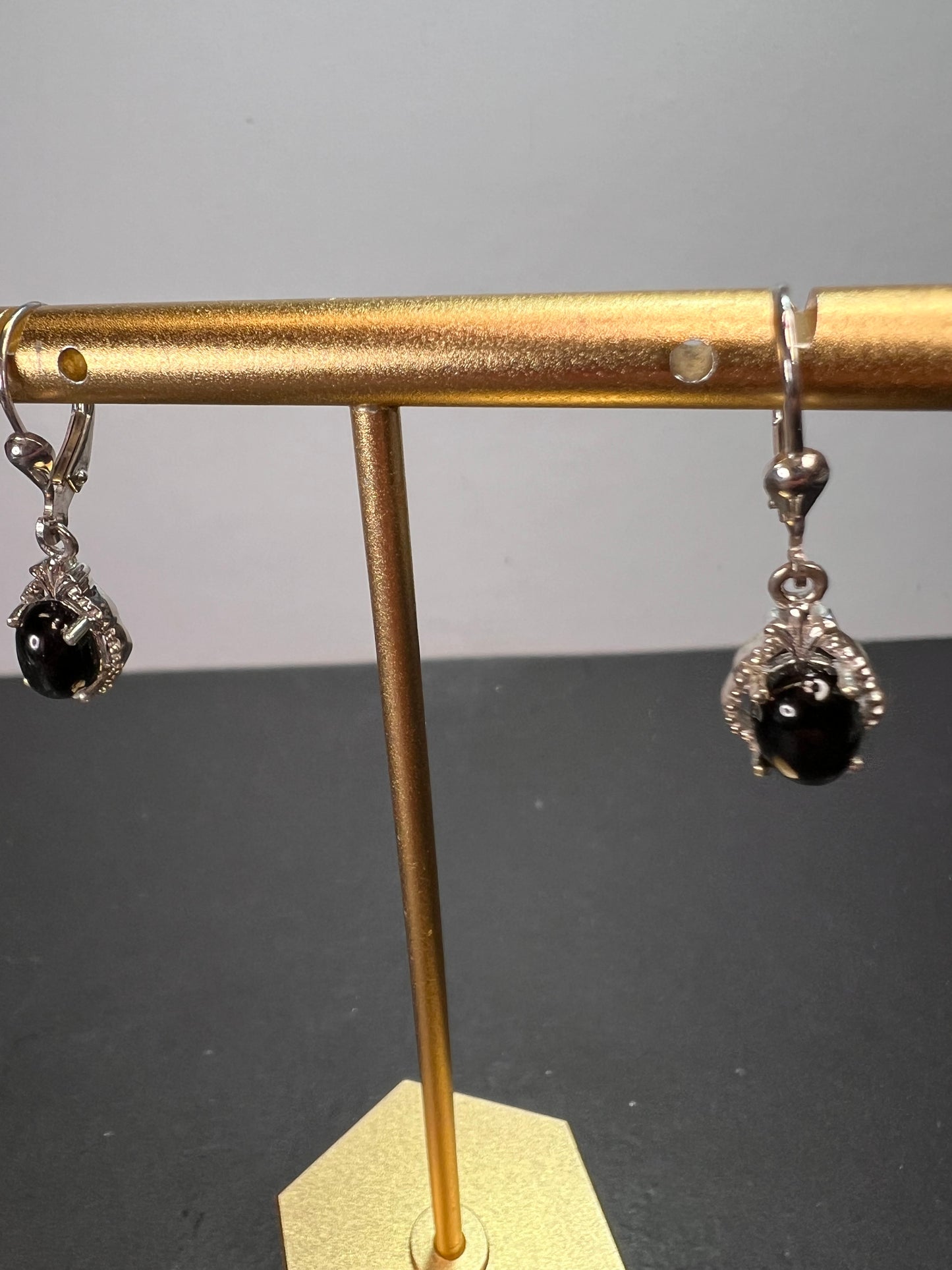 Black star sapphire sterling silver leverback earrings