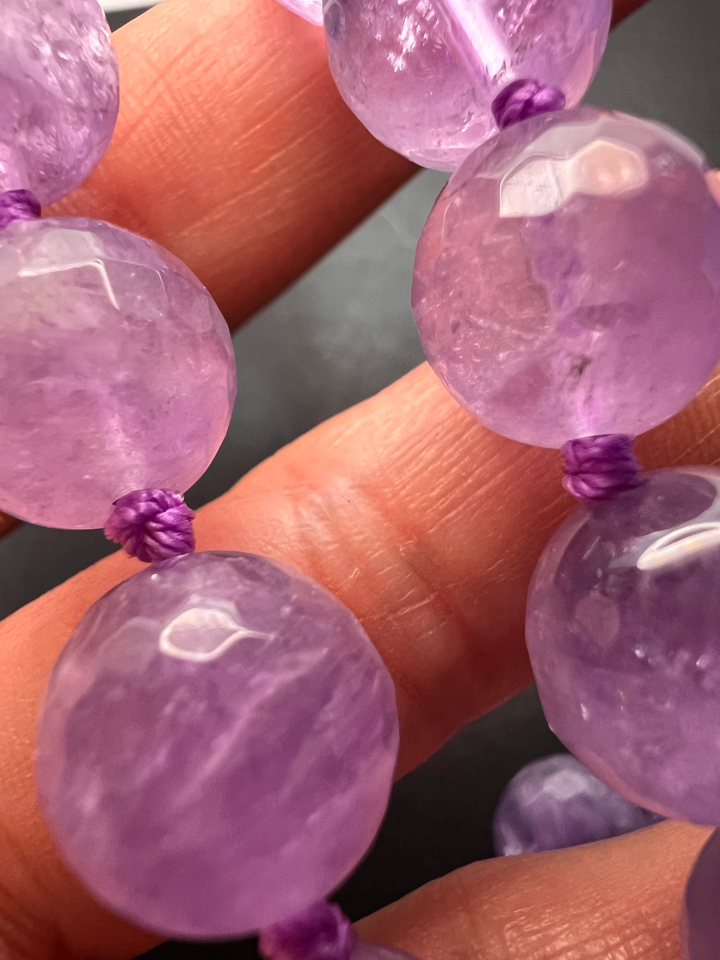 Faceted lavender amethyst knotted necklace with sterling clasp