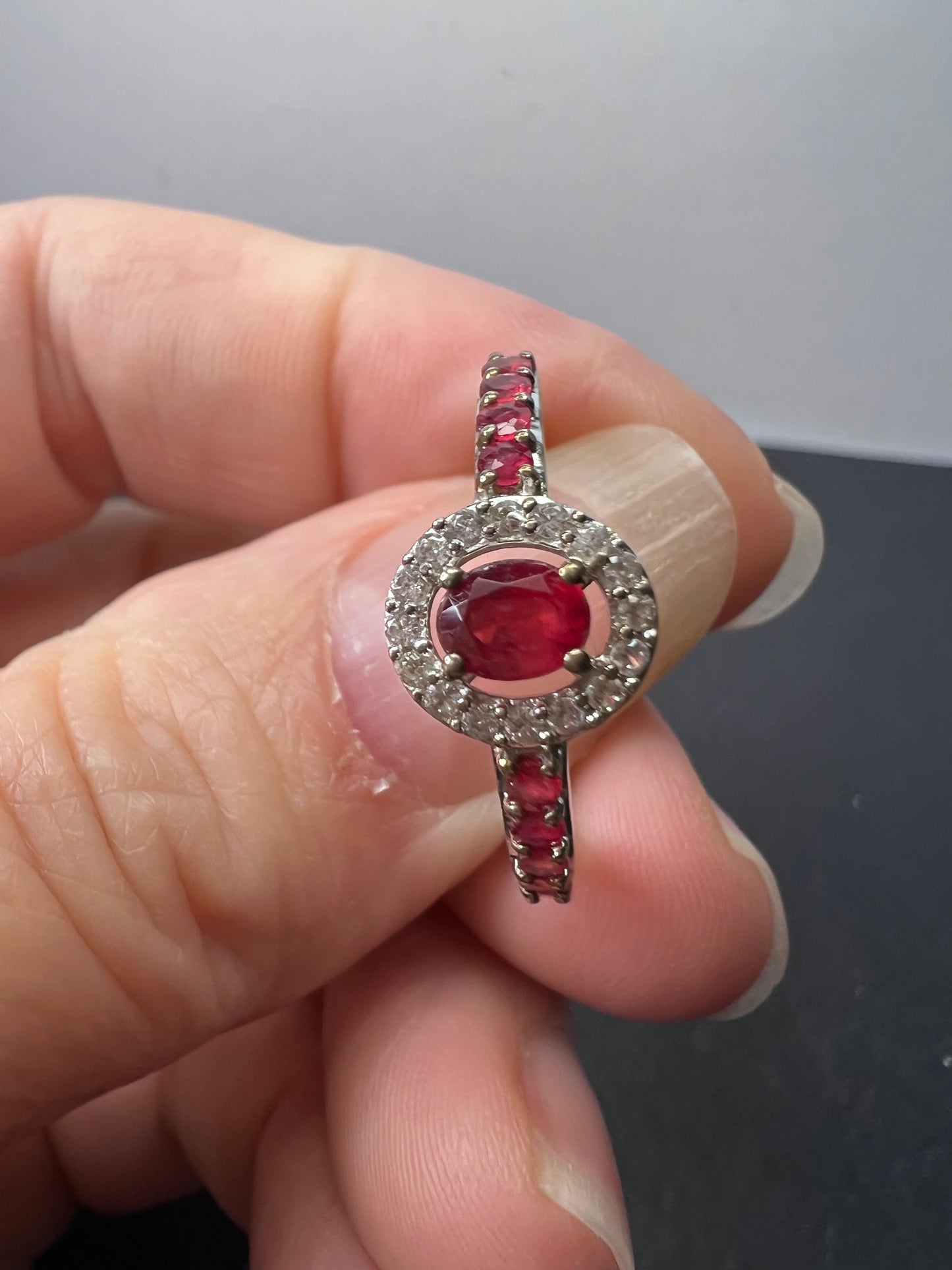 Ruby and zircon sterling silver halo ring size 9