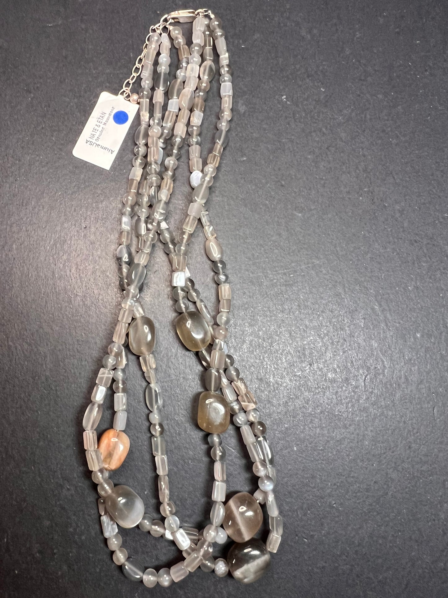 NEW Nate & Etan grey moonstone triple strand necklace with sterling silver clasp