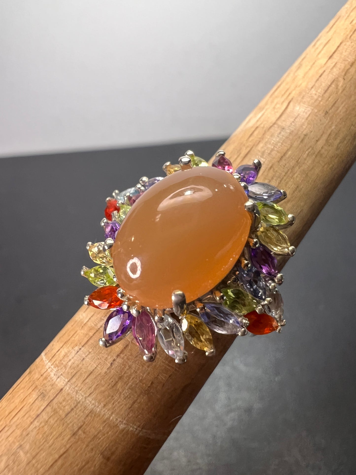 Peach moonstone multi gemstone ring in platinum over sterling silver size 6 *NEW*