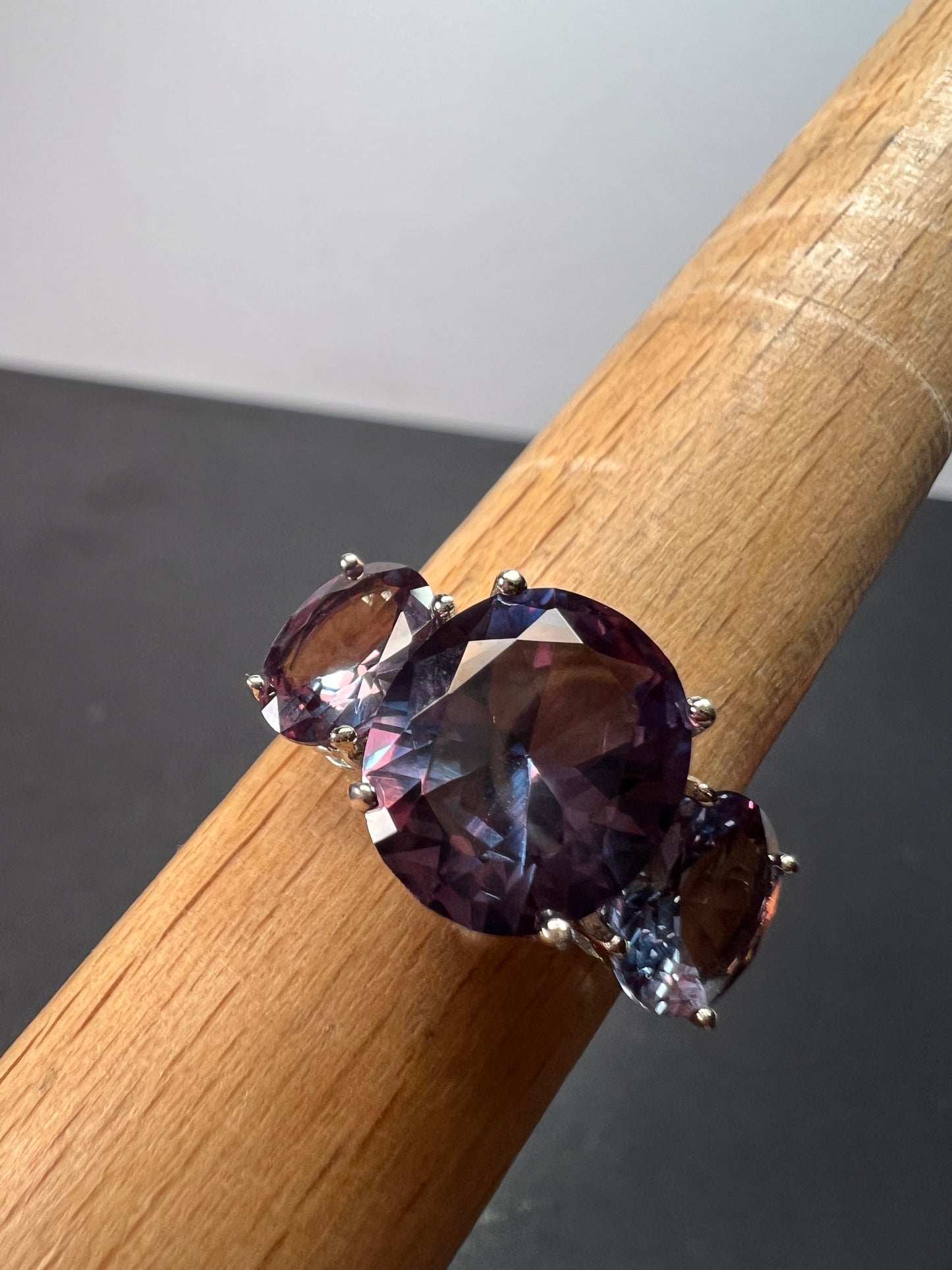 Lab created alexandrite trilogy ring in rhodium over sterling silver size 9