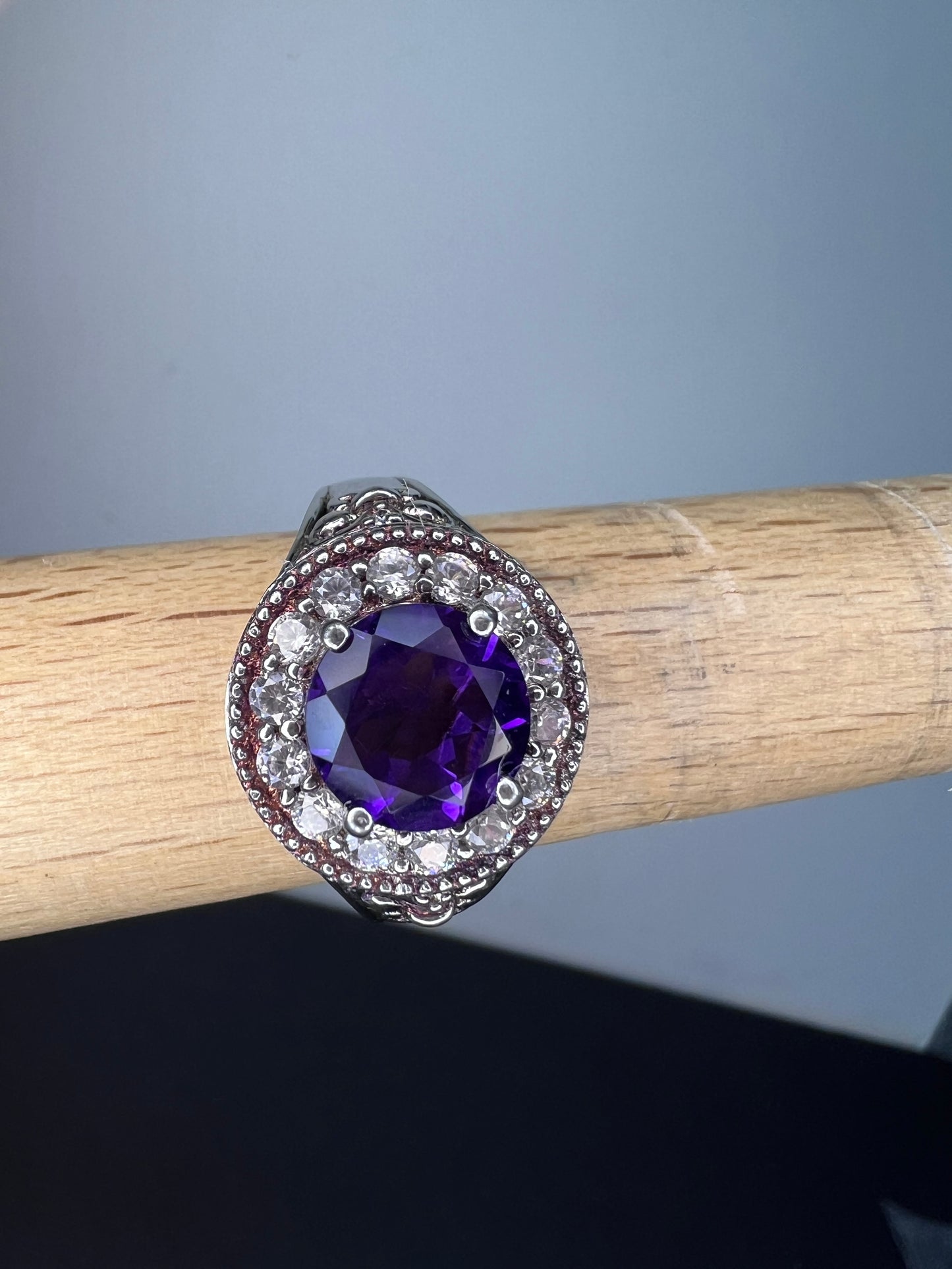 Amethyst and white spinel sterling silver halo ring size 9