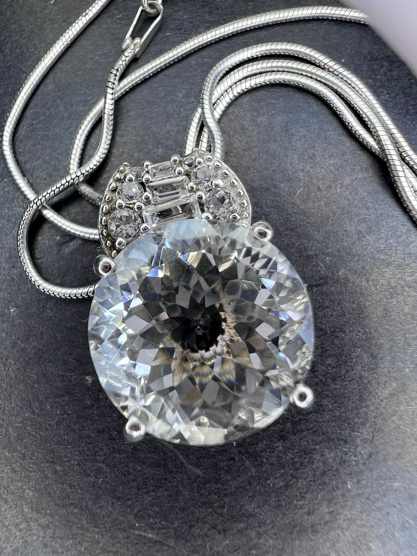 White topaz sterling silver pendant and 20 inch chain necklace