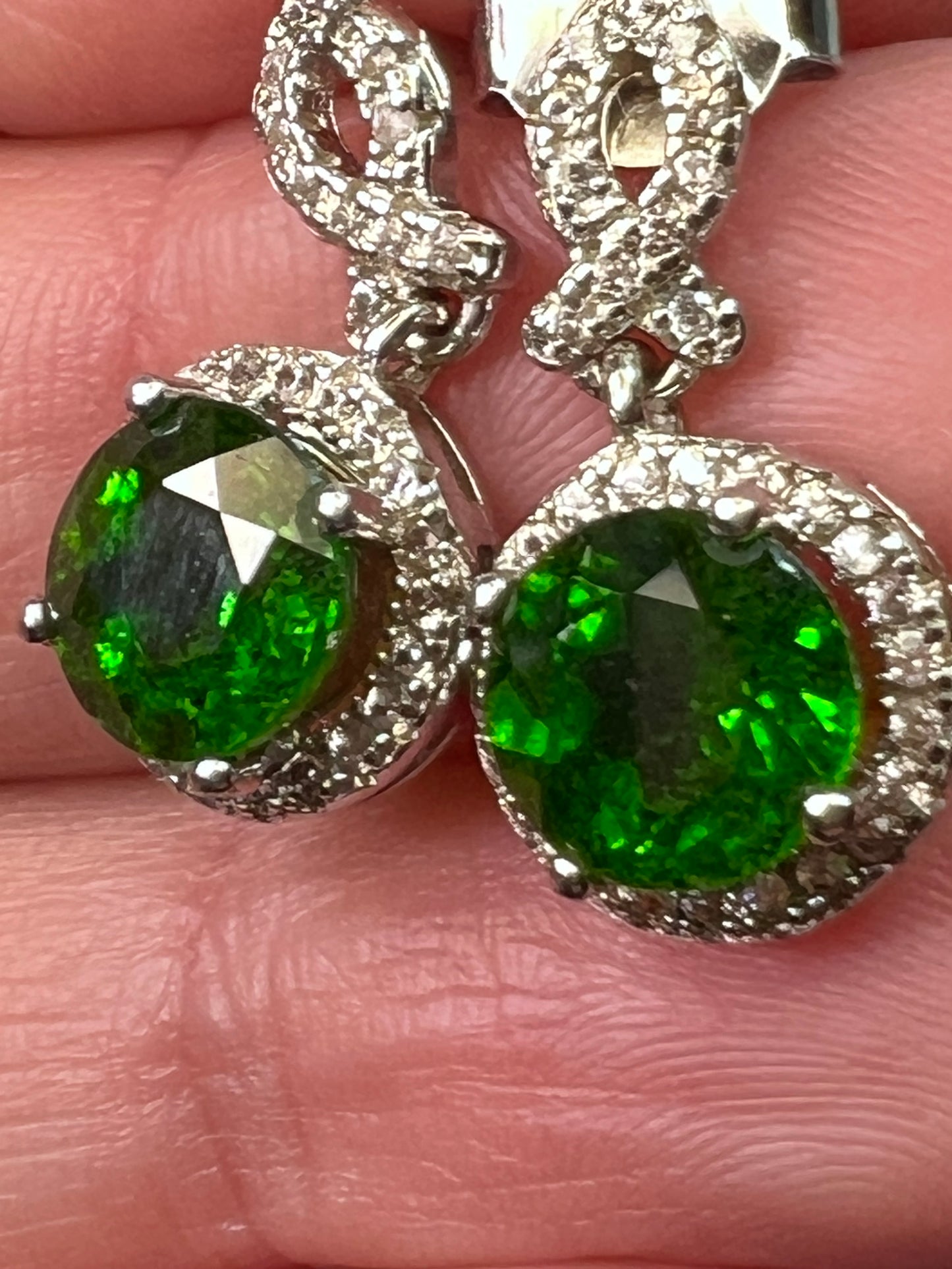 Chrome diopside dangle halo earrings