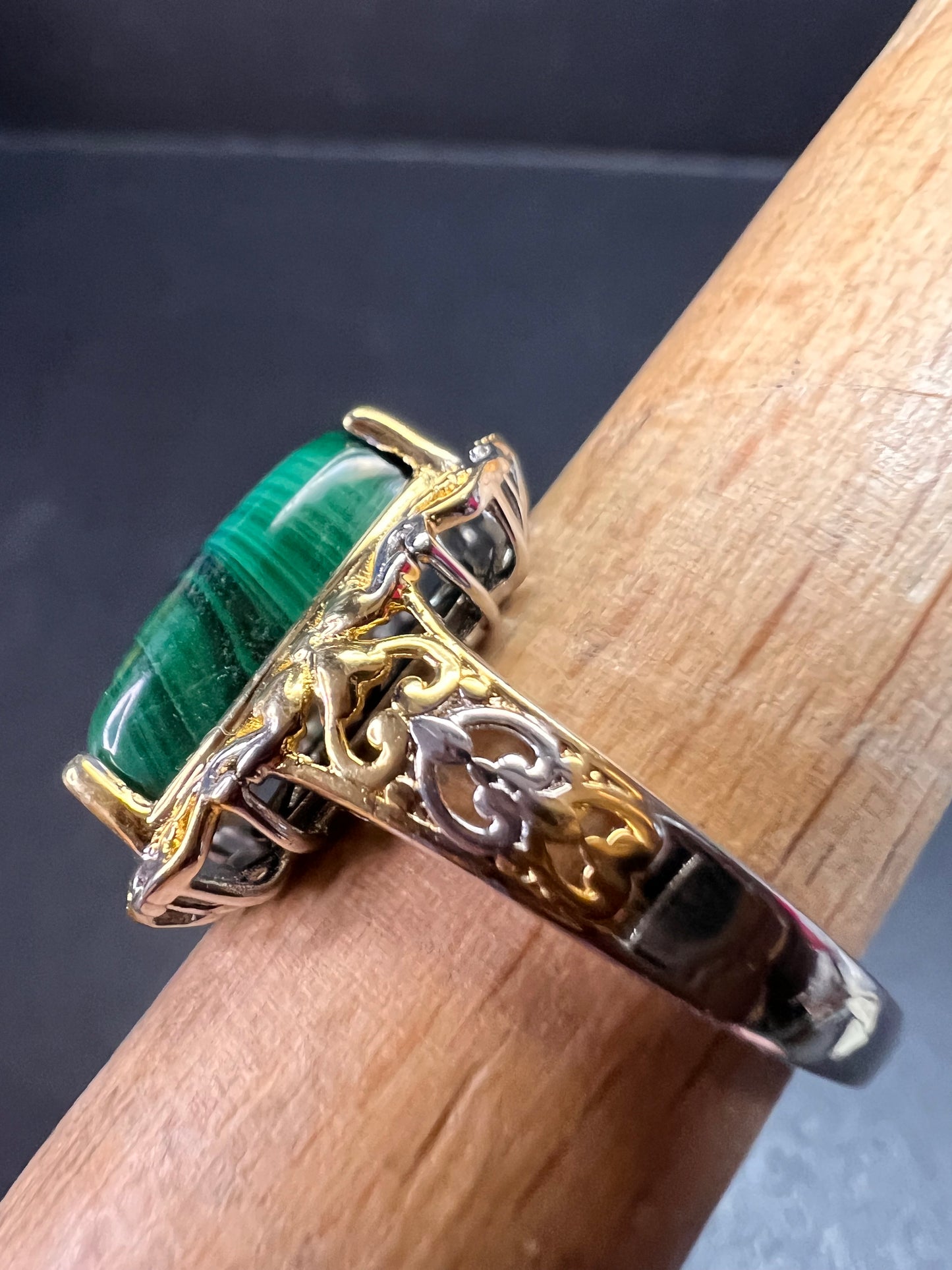 Karis Platinum & 18K Gold Plated Malachite Statement Ring Size 7