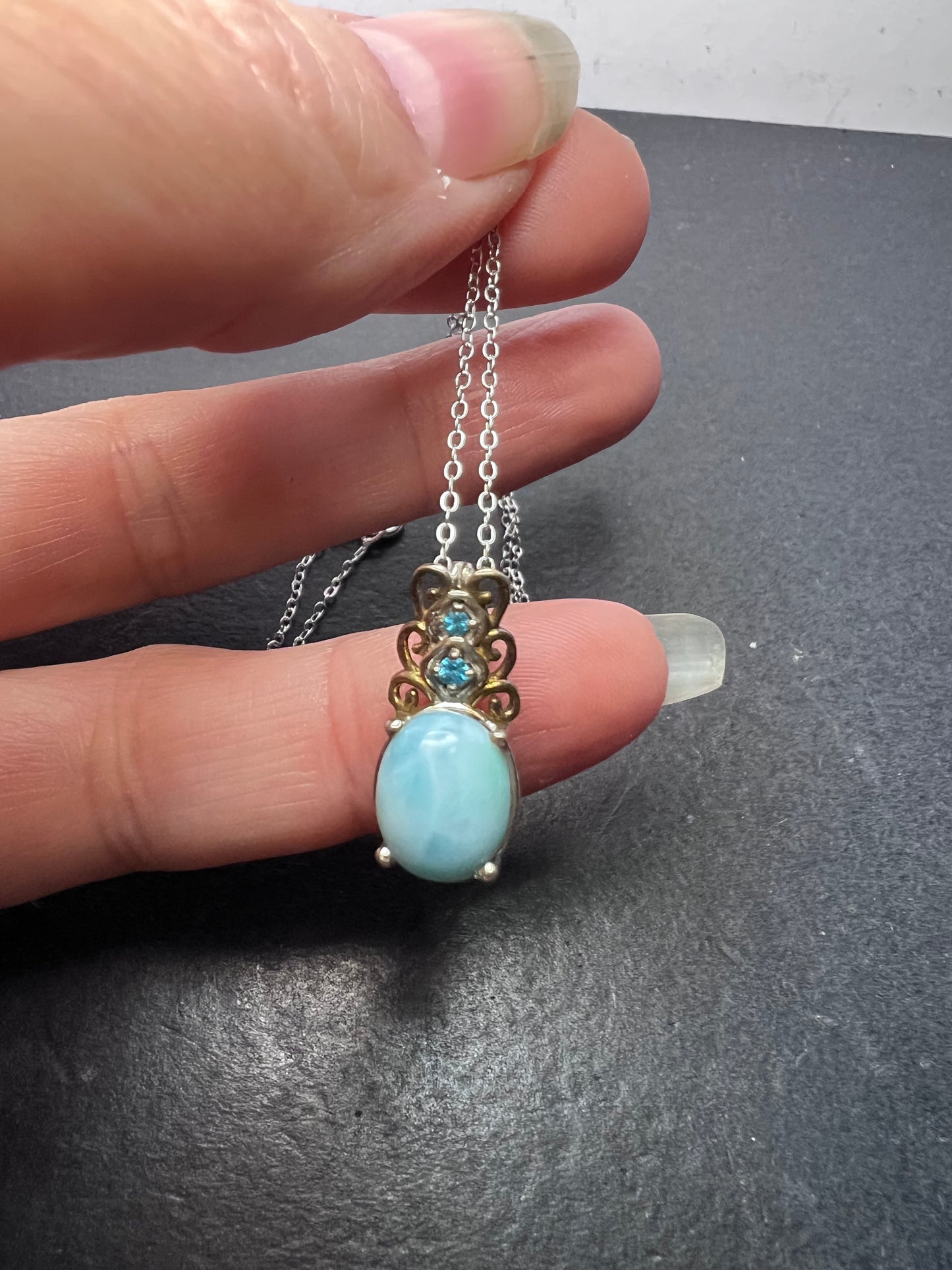 Larimar and neon blue apatite sterling silver pendant and 20 inch chain necklace