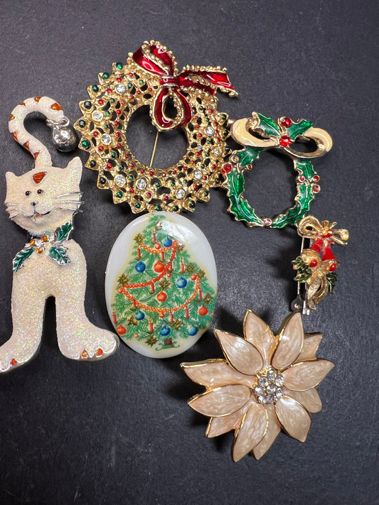 Vintage Christmas Brooch Lot of 6 Holiday Wreath Cat Tree Enamel Pins