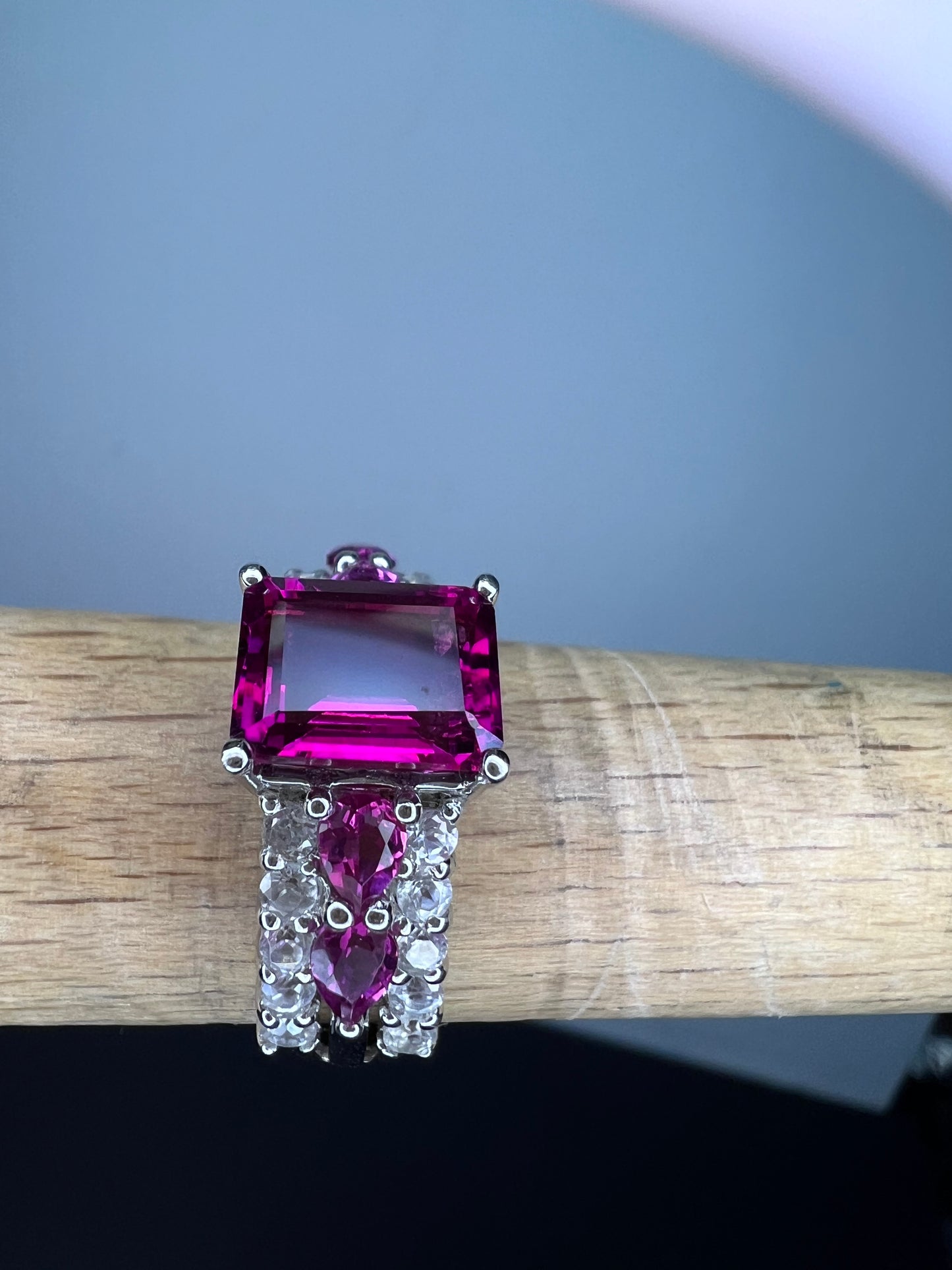 Lab pink tourmaline and white topaz statement ring size 8