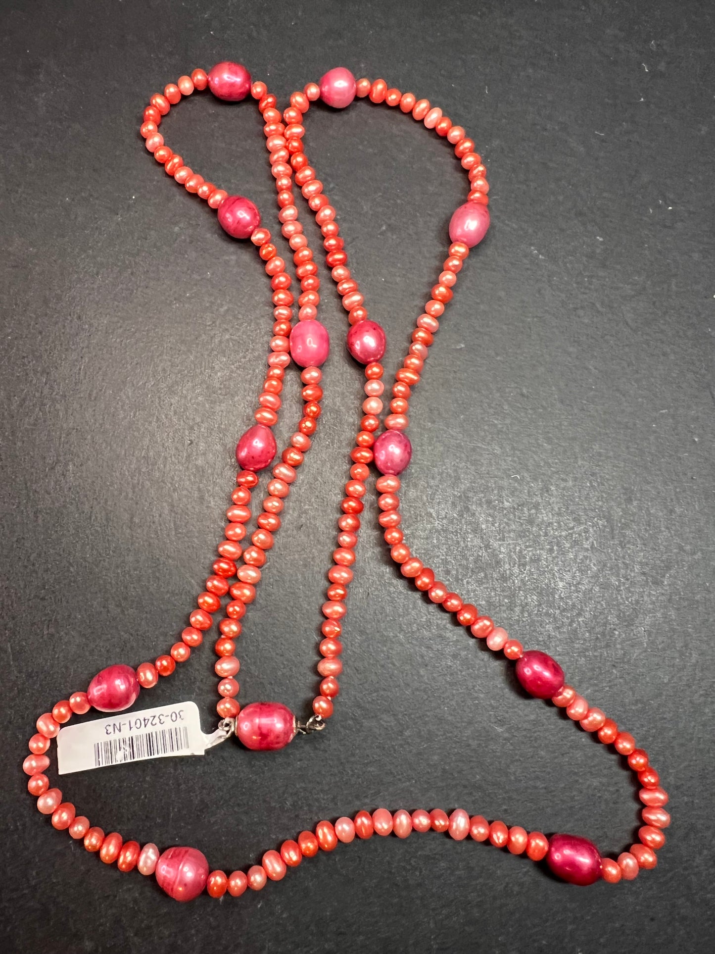 NEW coral and magenta colored freshwater pearl 36 inch station necklace with sterling silver clasp