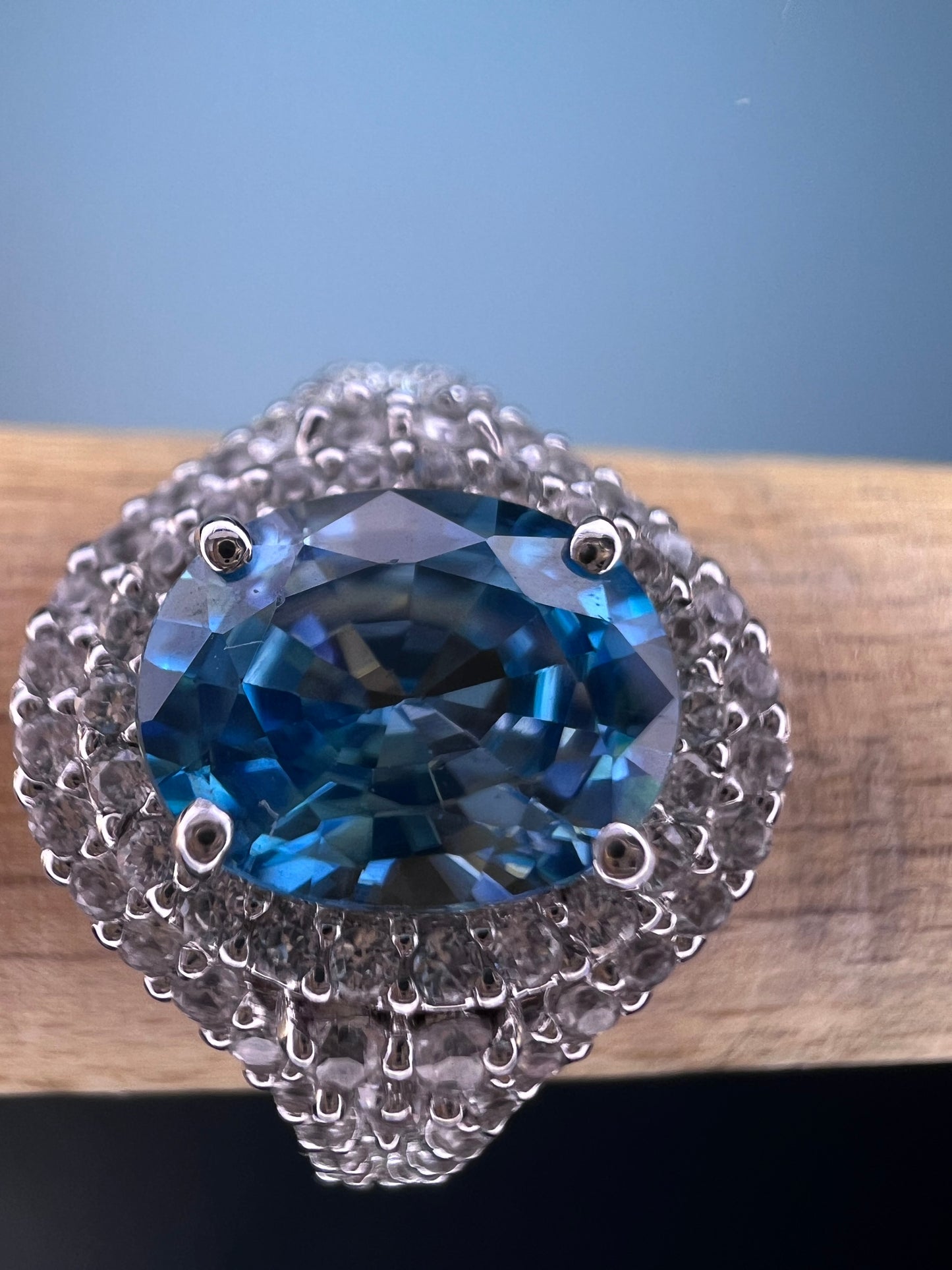 10k white gold blue topaz and white zircon double halo ring size 9