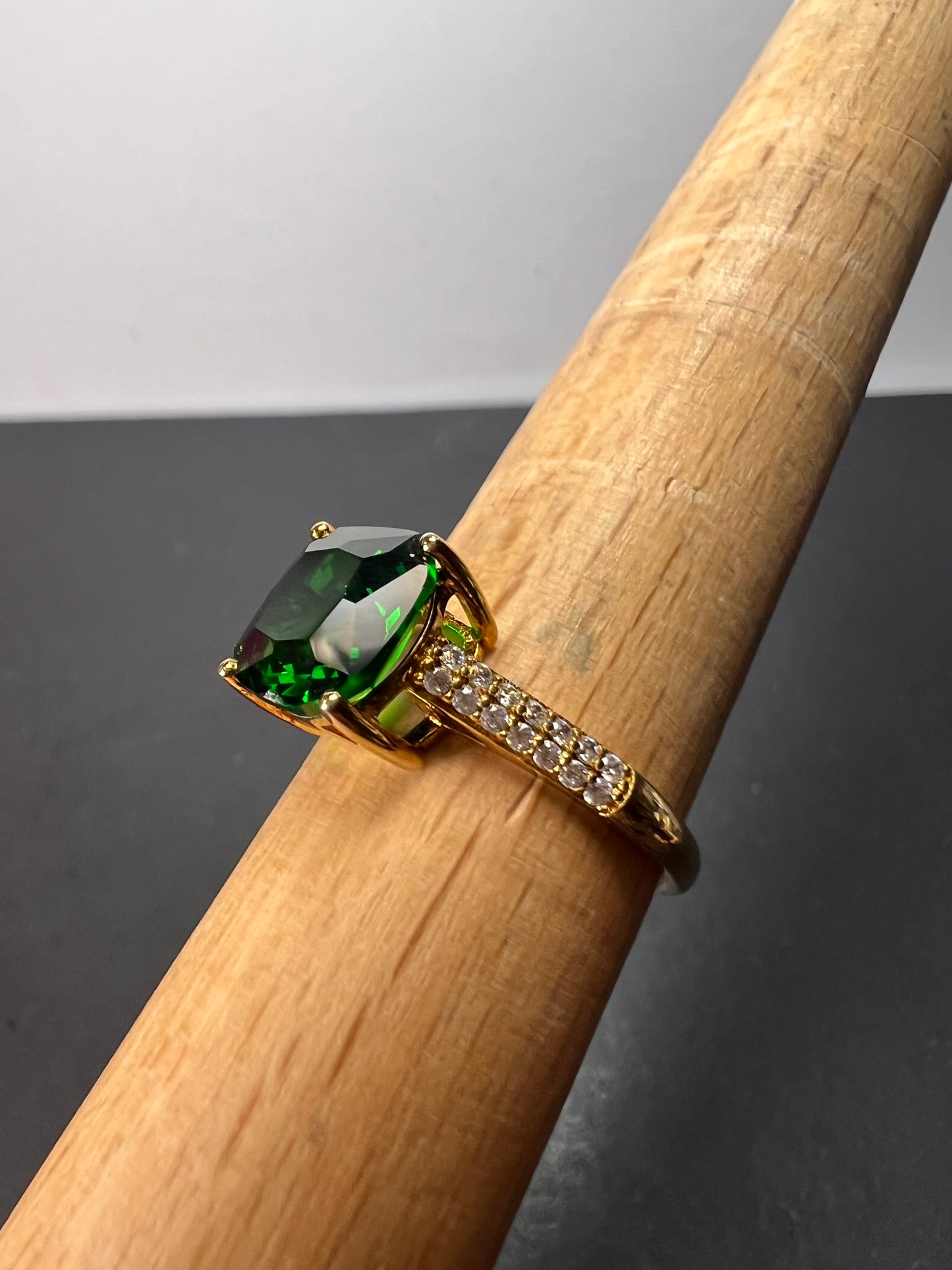 Green cushion cut CZ ring in gold over sterling silver size 9