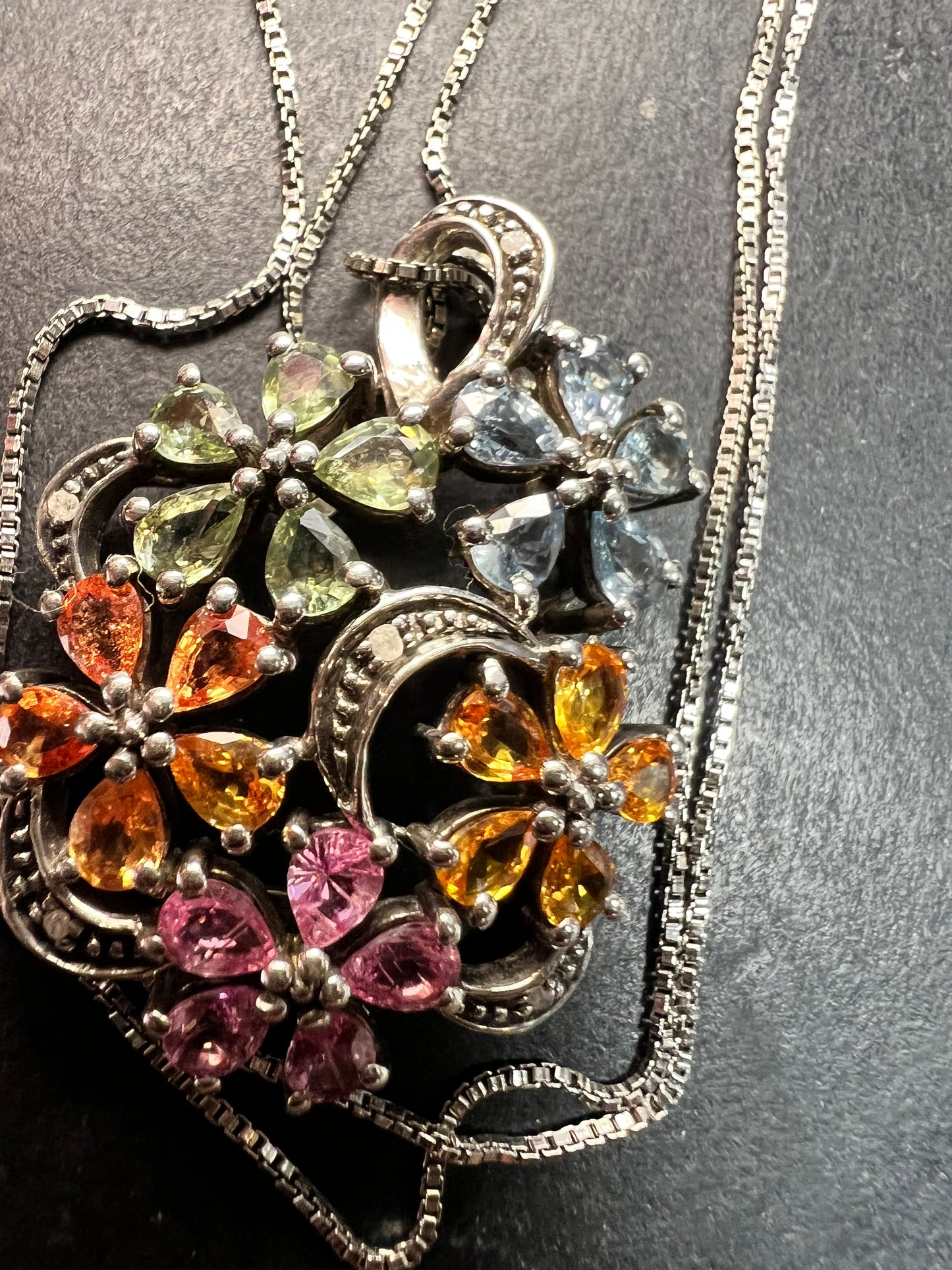Vintage Sterling Silver Multi Sapphire & Diamond Flower Pendant