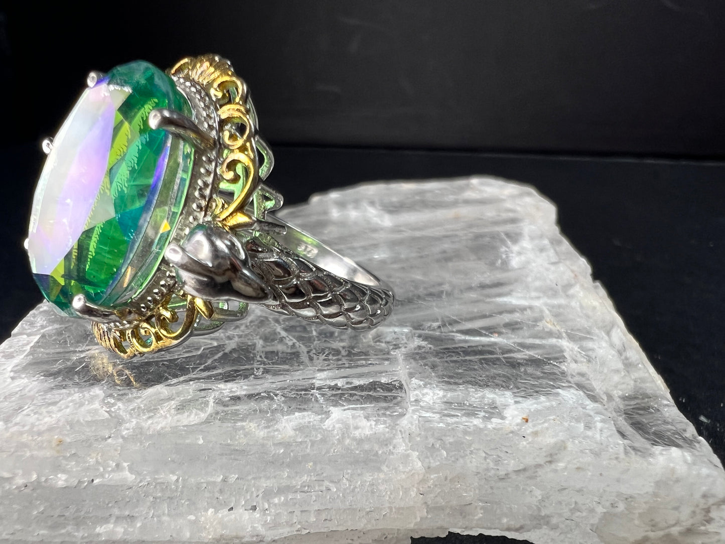 Sterling Silver Peacock Quartz Statement Ring Size 9