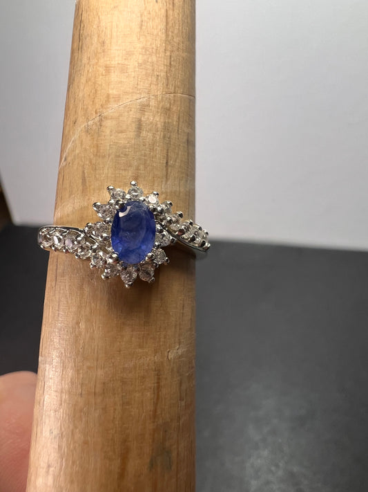 Blue sapphire and zircon ring in platinum over sterling silver size 7 *NEW*