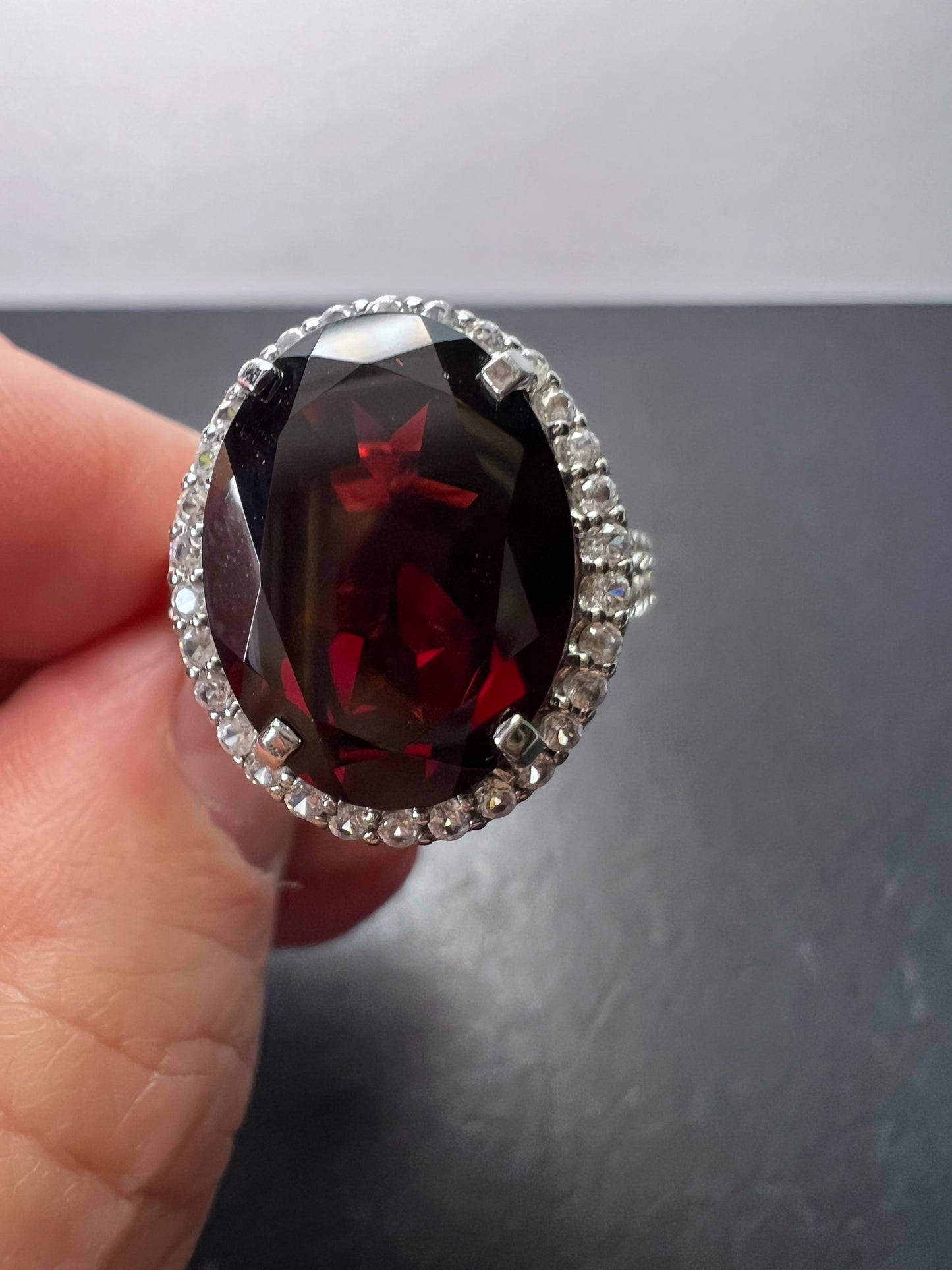 Garnet and zircon sterling silver halo ring size 9