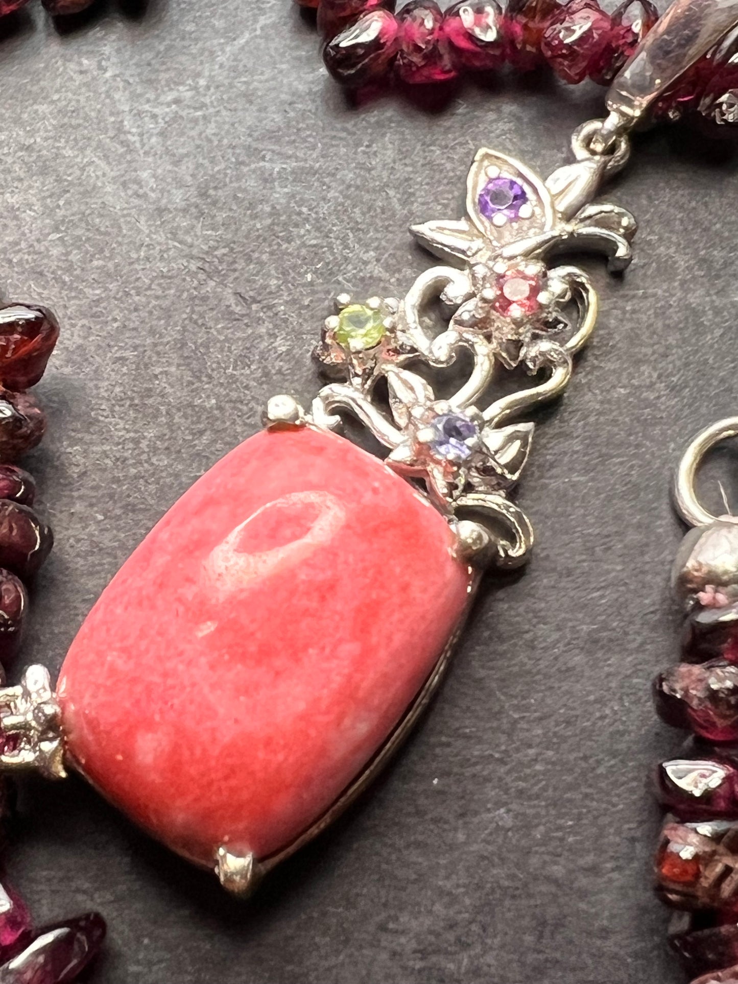 Norwegian Thulite and garnet chip necklace with sterling silver pendant and clasp