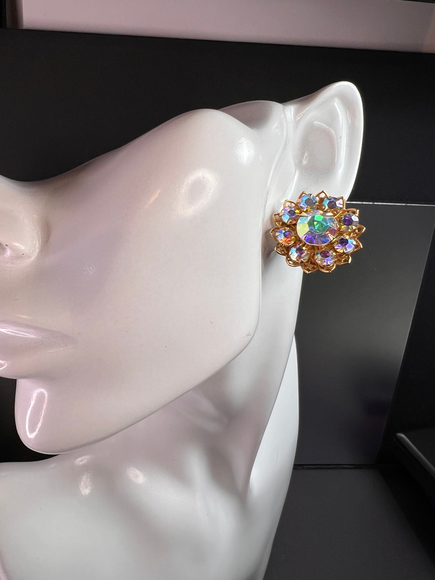 Vintage AB Rhinestone Floral Clip-On Earrings | Mid-Century Costume