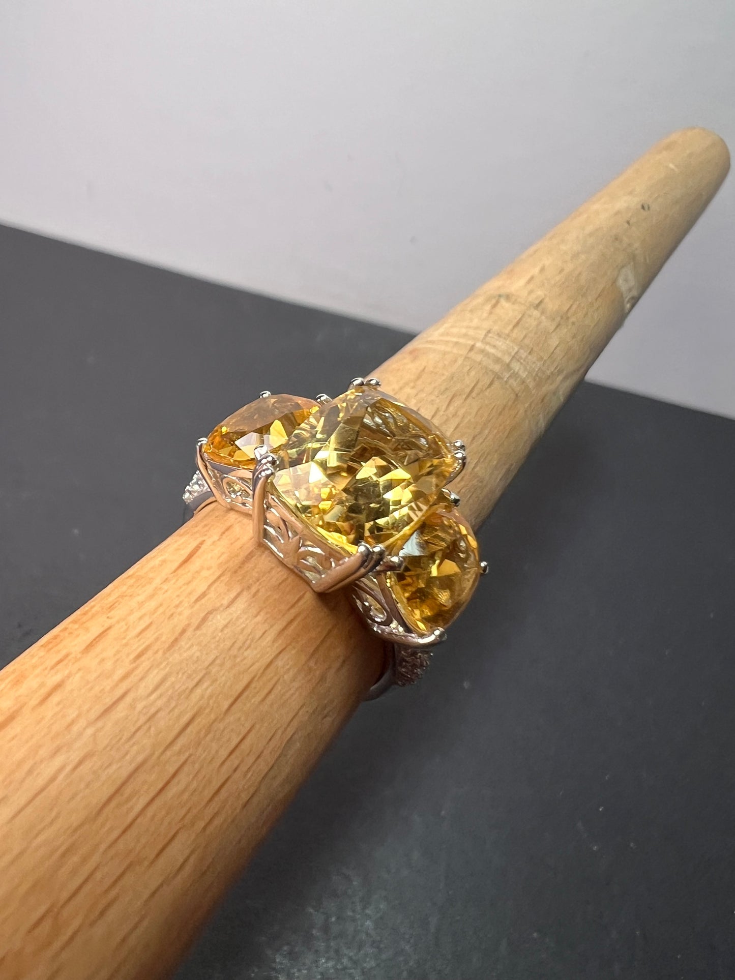 Brand new Brazilian citrine and white zircon 10.20 trilogy ring in platinum over sterling silver size 9