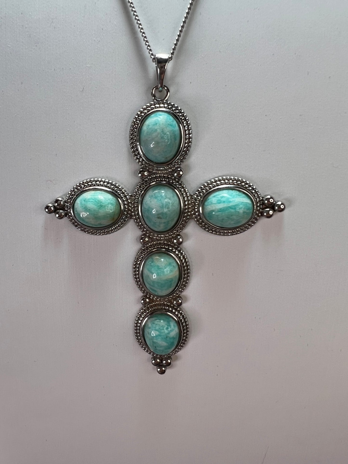 Amazonite cross pendant and chain necklace in sterling silver