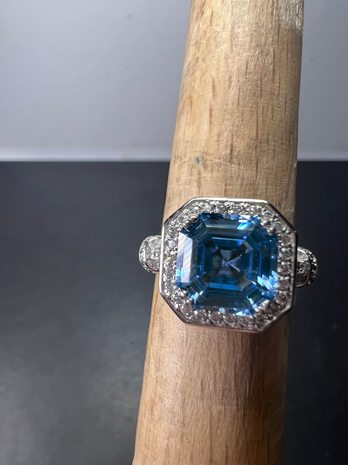 Blue zircon and CZ sterling silver cocktail ring size 7