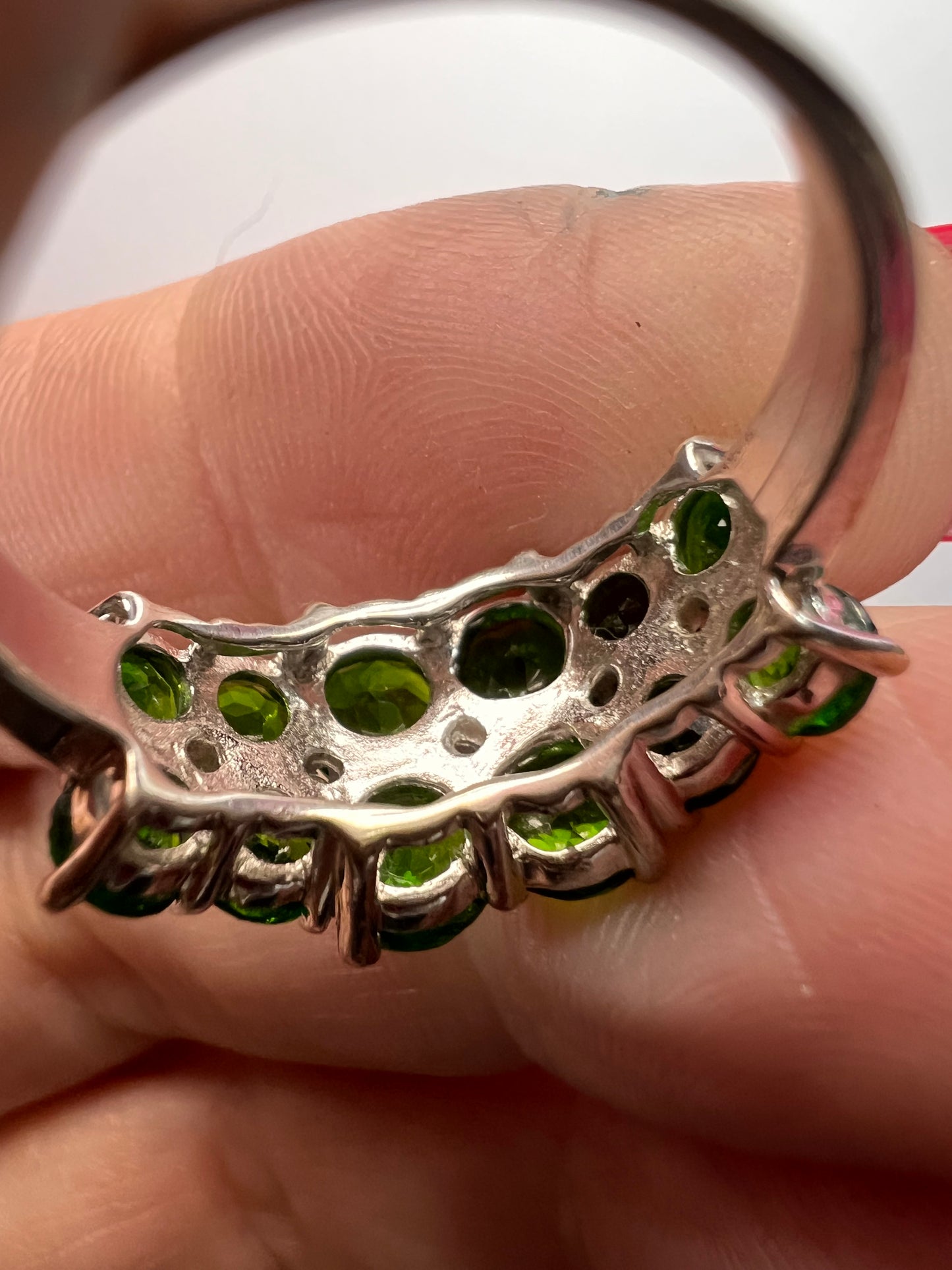 Chrome diopside and white topaz ring in rhodium over sterling silver size 8