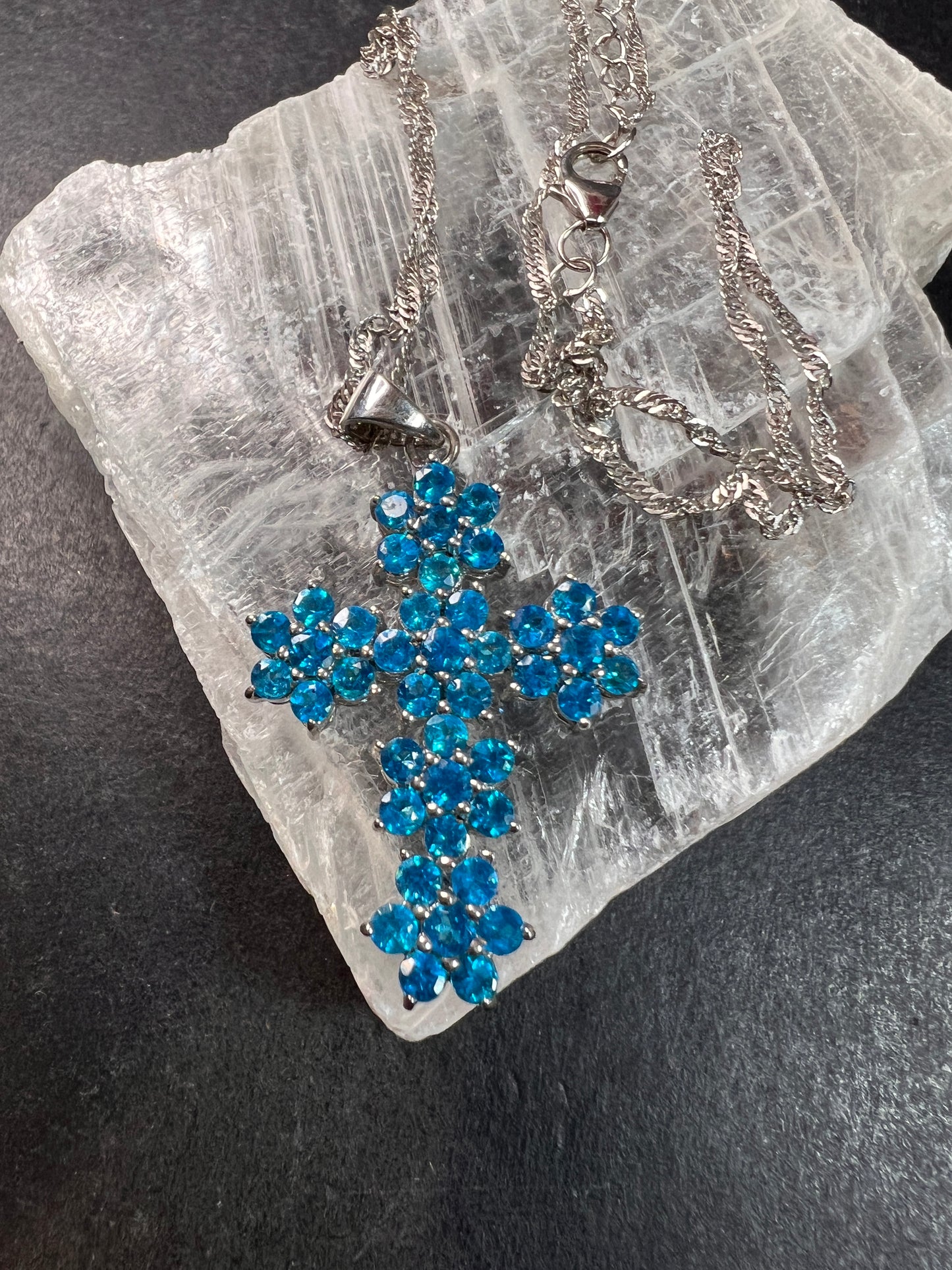 Neon Blue Apatite Rhodium Over Sterling Silver Cross Pendant With Chain 3.25ctw