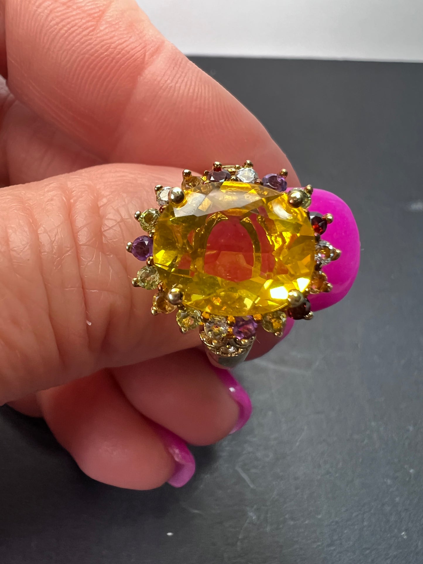 Yellow topaz multi stone gold over sterling silver halo cocktail ring size 8