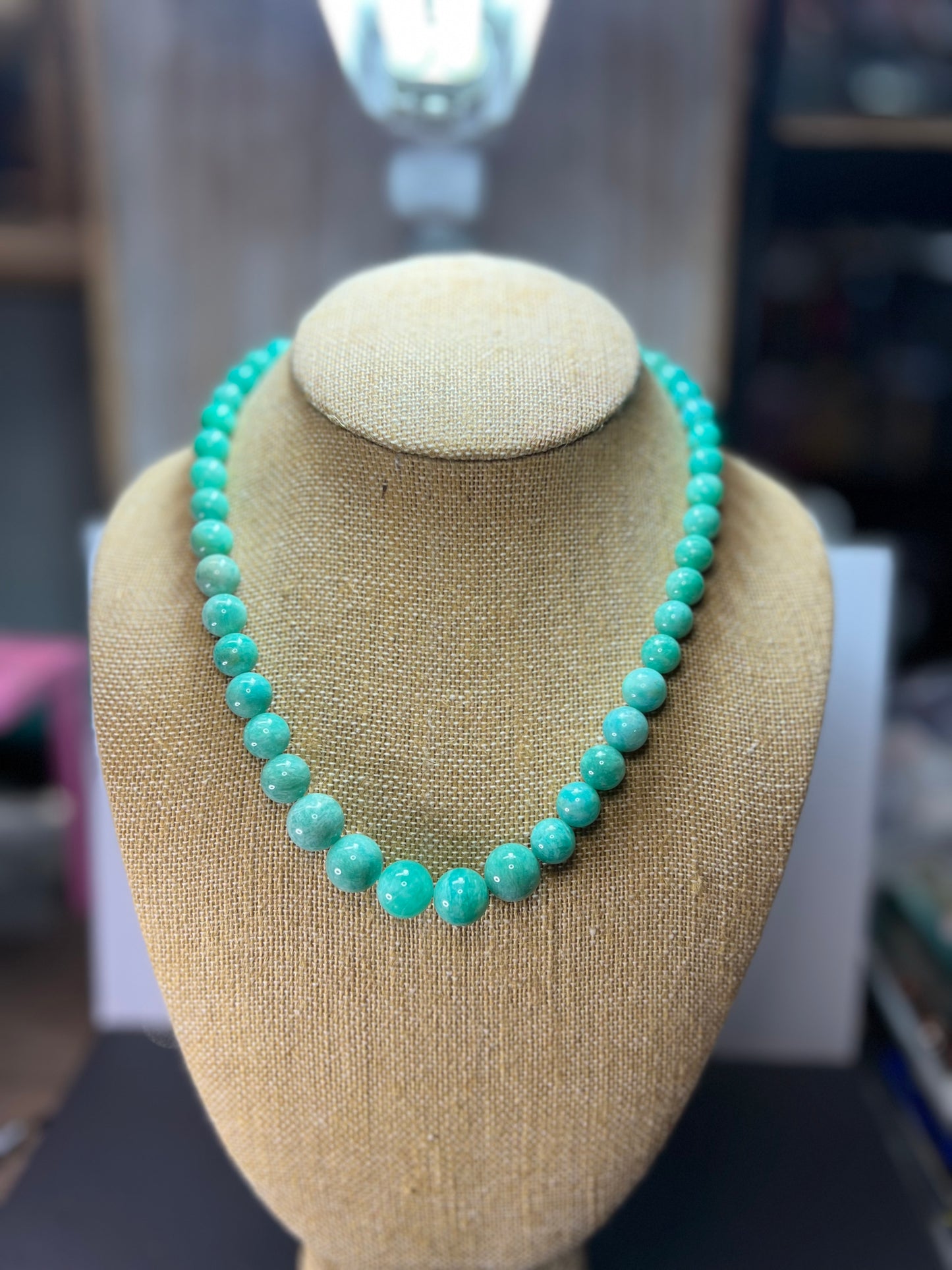 Amazonite beaded bolo necklace with sterling clasp and slide adjustments