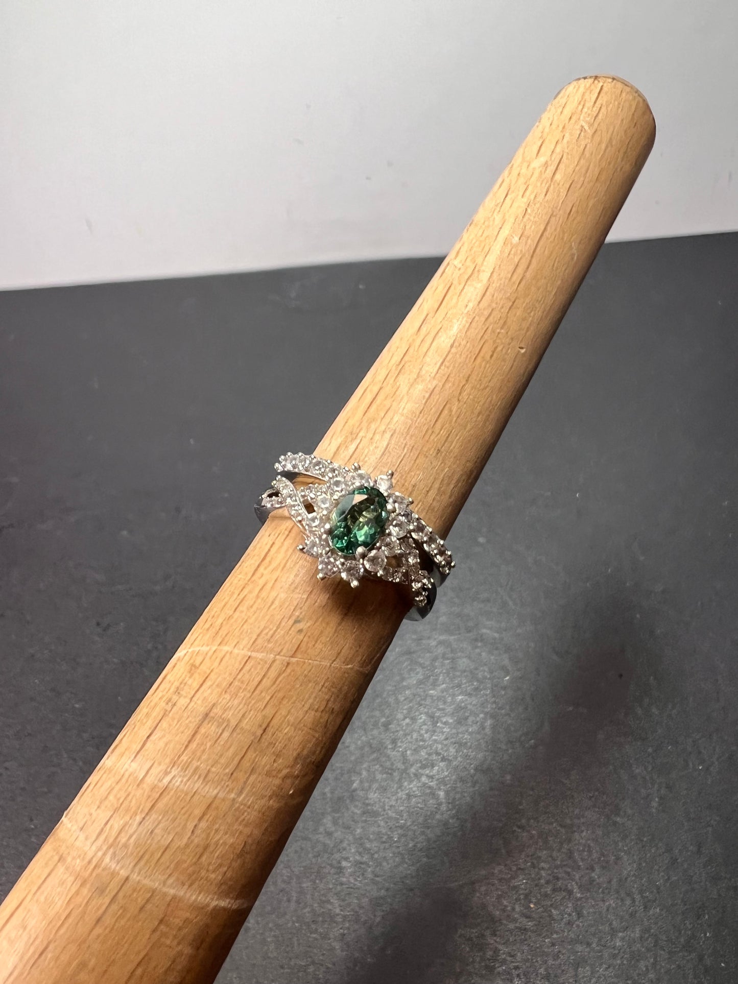 Indian Ocean apatite and zircon ring set in platinum over sterling silver size 5