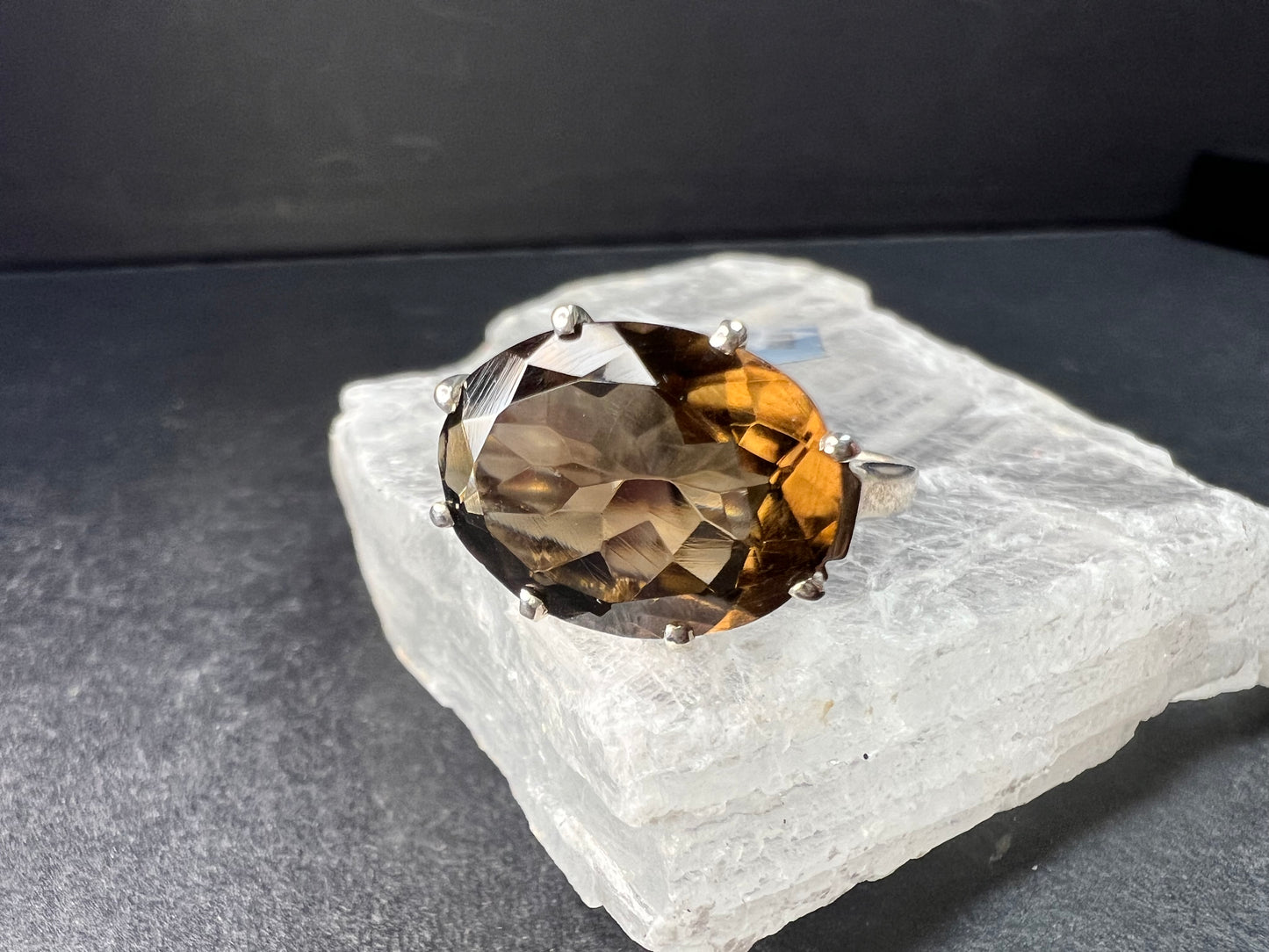 Smoky Quartz 925 Sterling Silver Statement Ring Size 9
