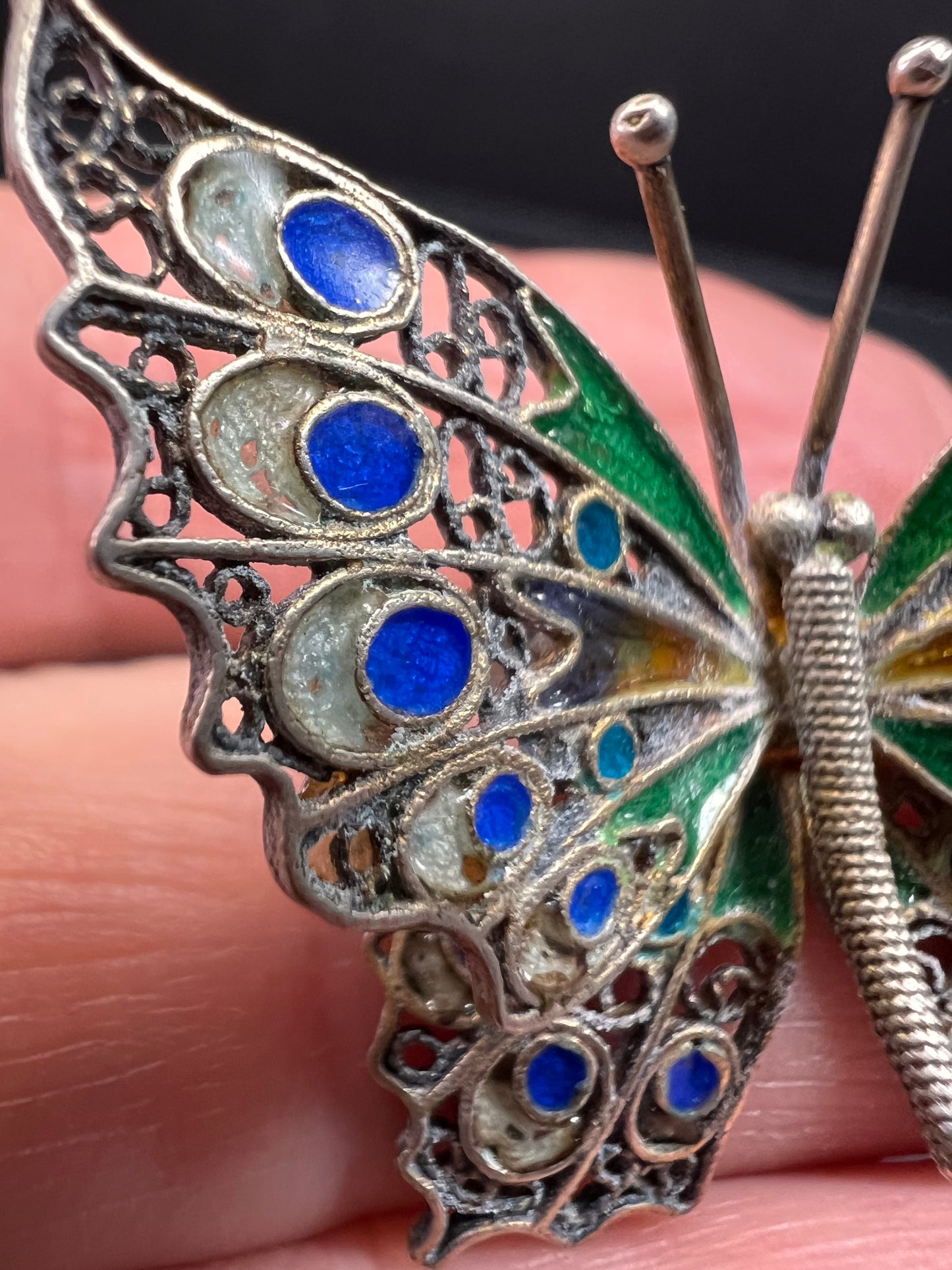 Vintage Alieti Adriana 800 silver Italian enameled filigree butterfly brooch pin
