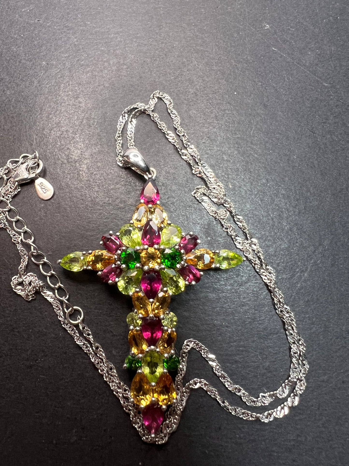 Multi-Gem Rhodium Over Sterling Silver Cross Pendant with Chain 10.01ctw