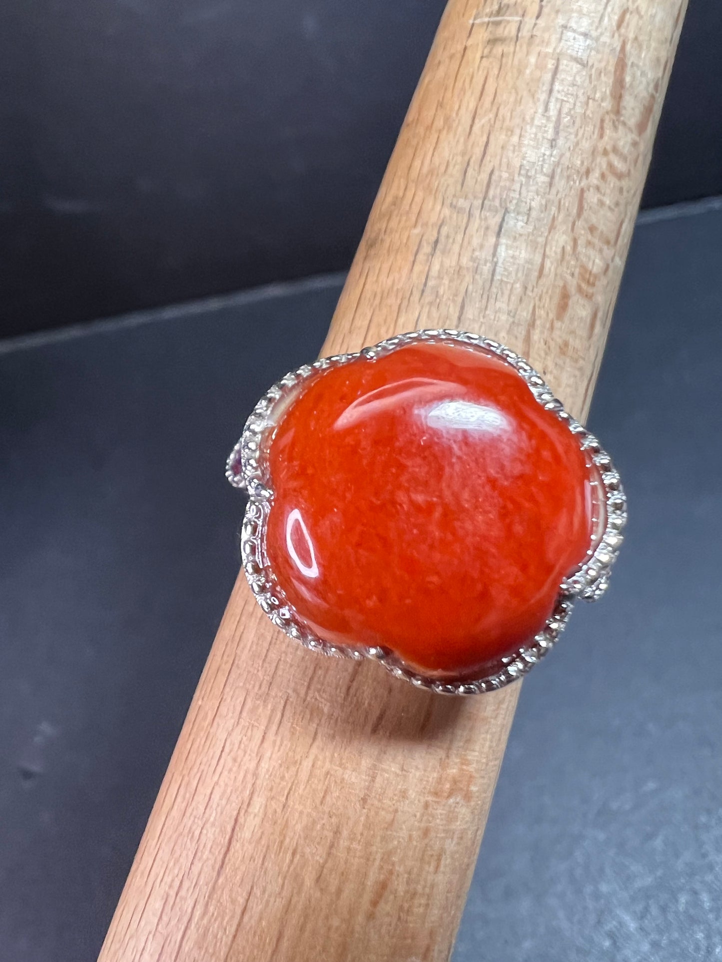 NEW cherry red jade and ruby blossom ring in rhodium over sterling silver size 9