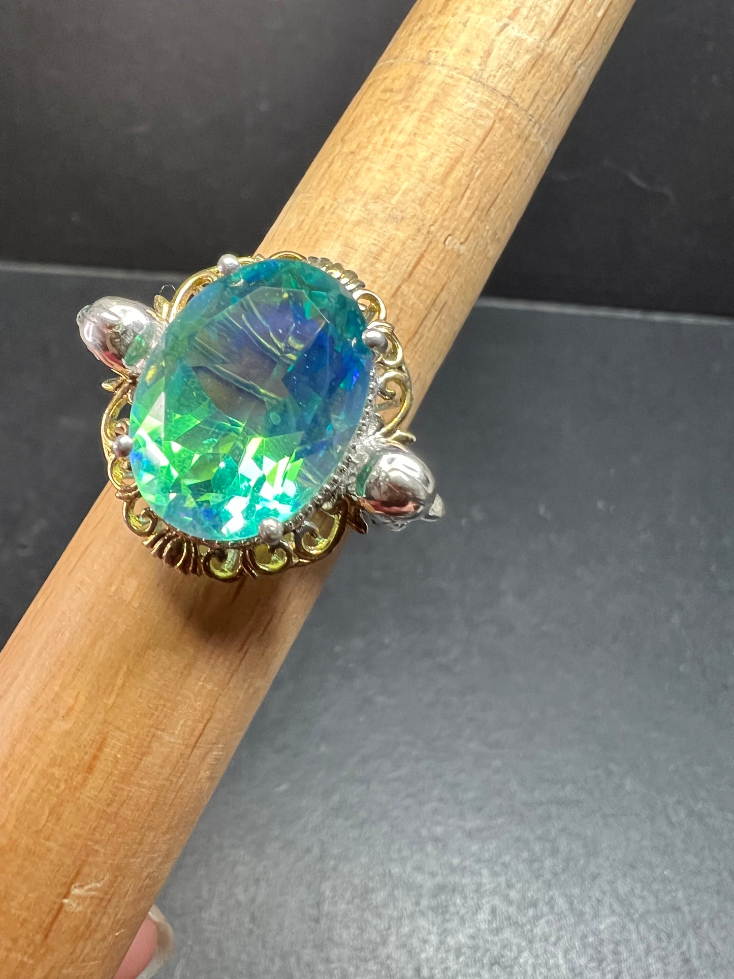 Sterling Silver Peacock Quartz Statement Ring Size 9