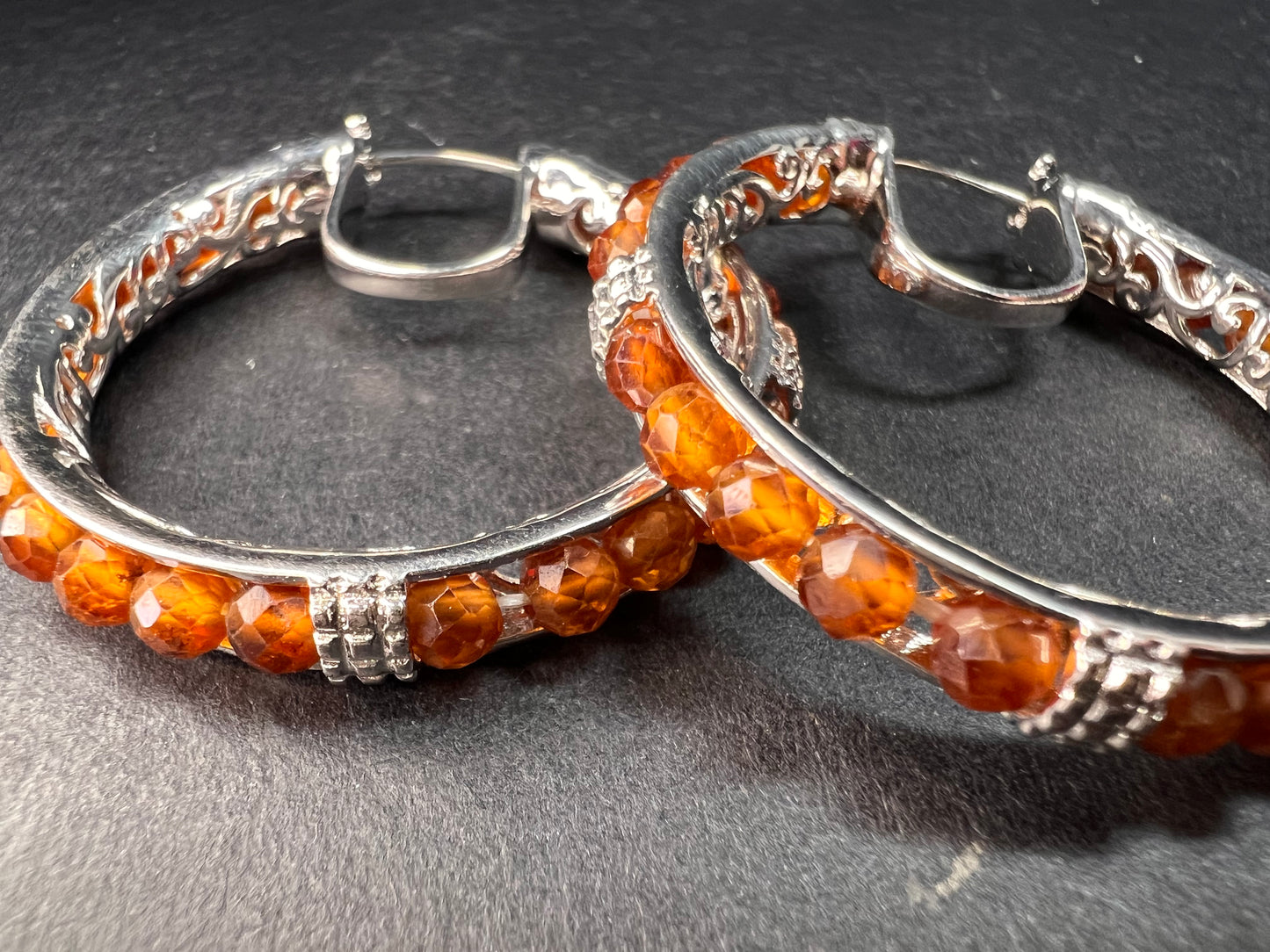NEW Hessonite garnet hoop earrings in platinum over brass
