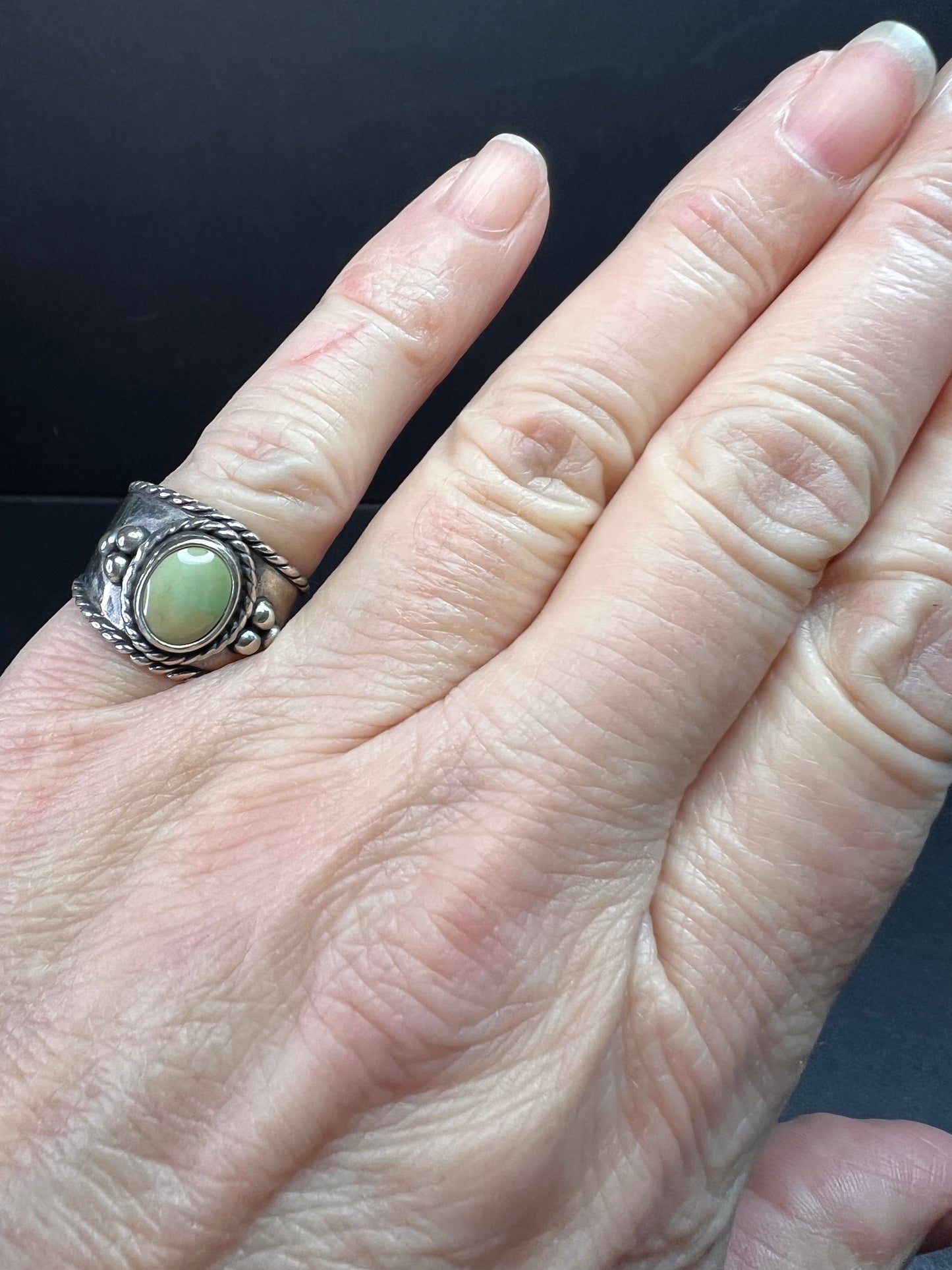 Vintage Sterling Silver Size 6 Ring | Artisan Style Green Cabochon Band