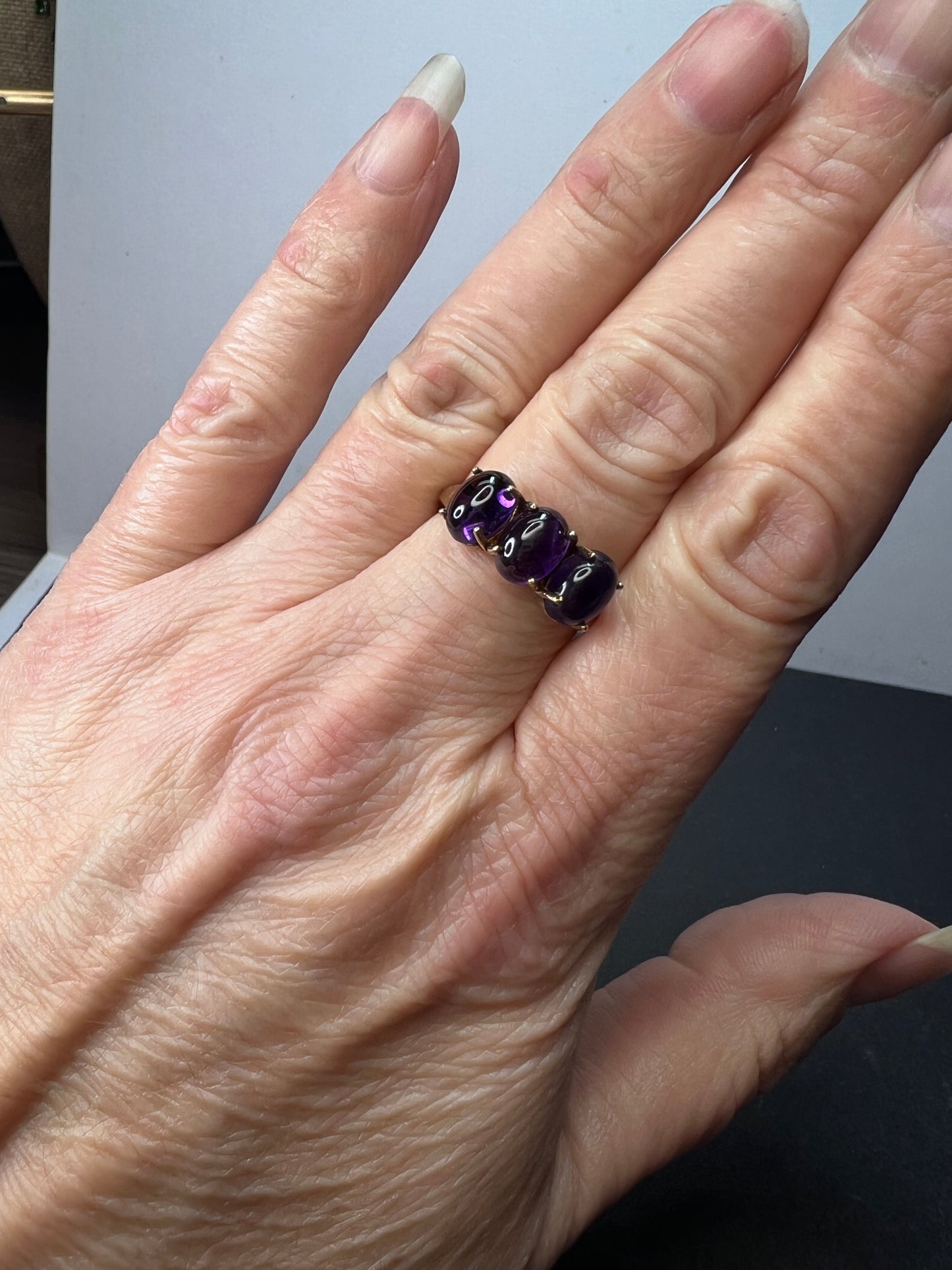 Triple amethyst stone ring in gold over sterling silver size 9