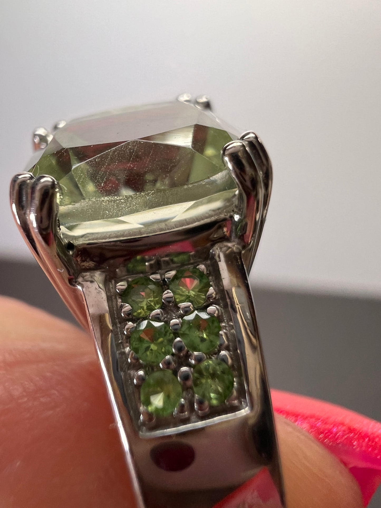 Green Prasiolite and tsavorite green garnet Rhodium Over Sterling Silver Ring 3.28ctw size 9