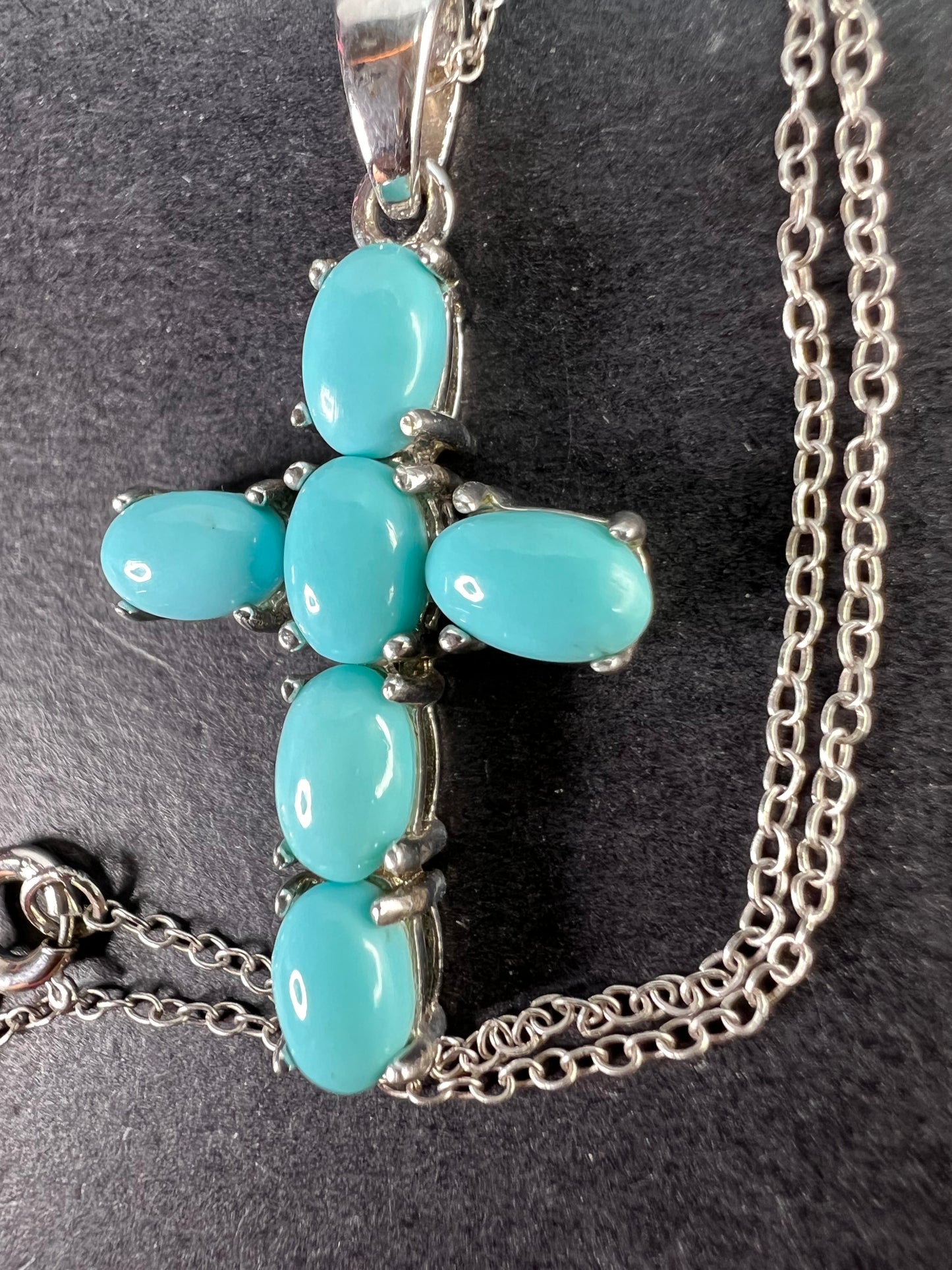 Sleeping Beauty turquoise cross pendant and chain  in rhodium over sterling silver necklace