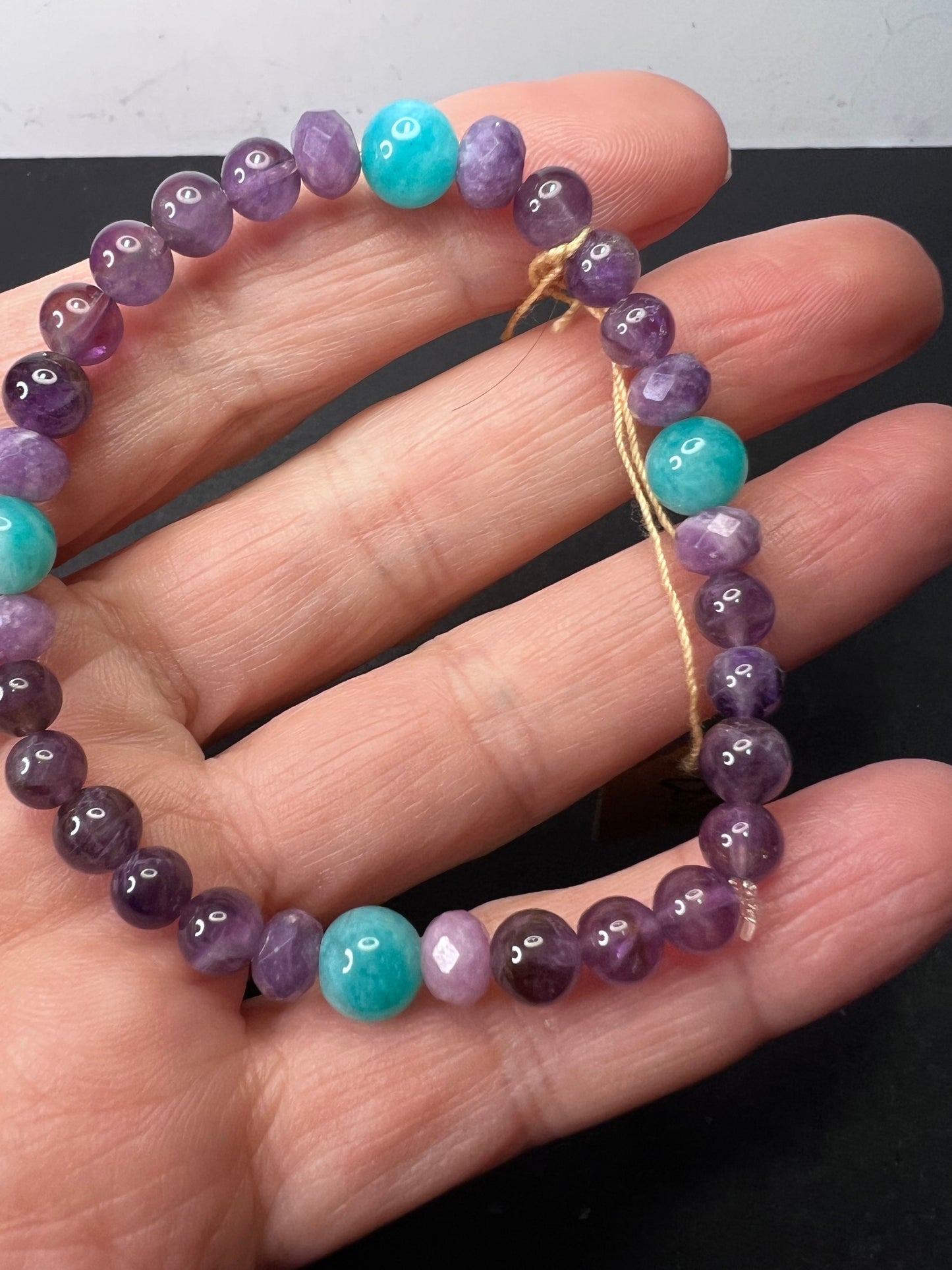 Amethyst, lepidolite, and Peruvian amazonite stretch cord bracelet for 7 inch wrist