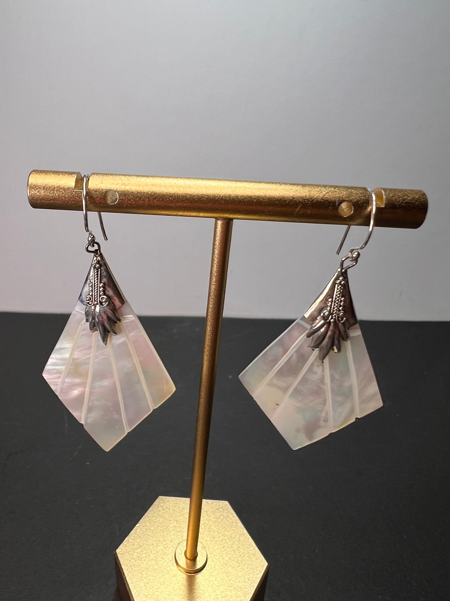 Mother of pearl sterling silver diamond dangle earrings